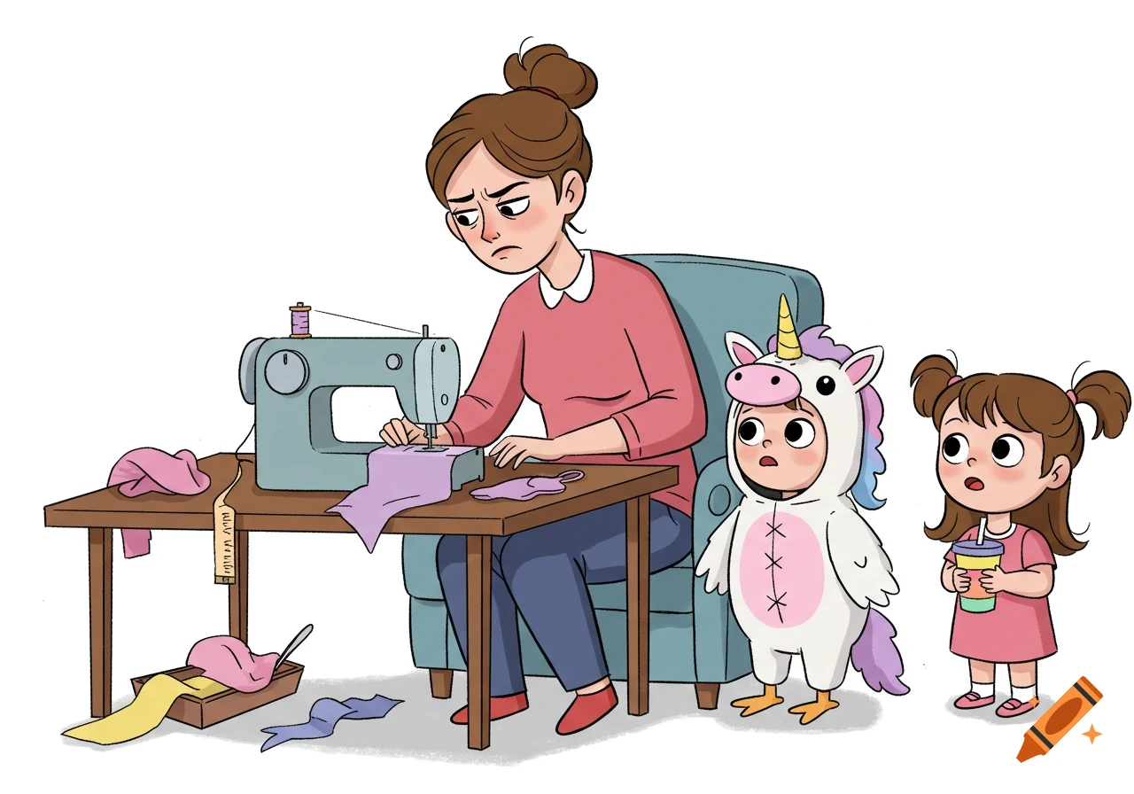 Cartoon of a frustrated mother sewing while two surprised children, one in a unicorn-chicken costume, watch.