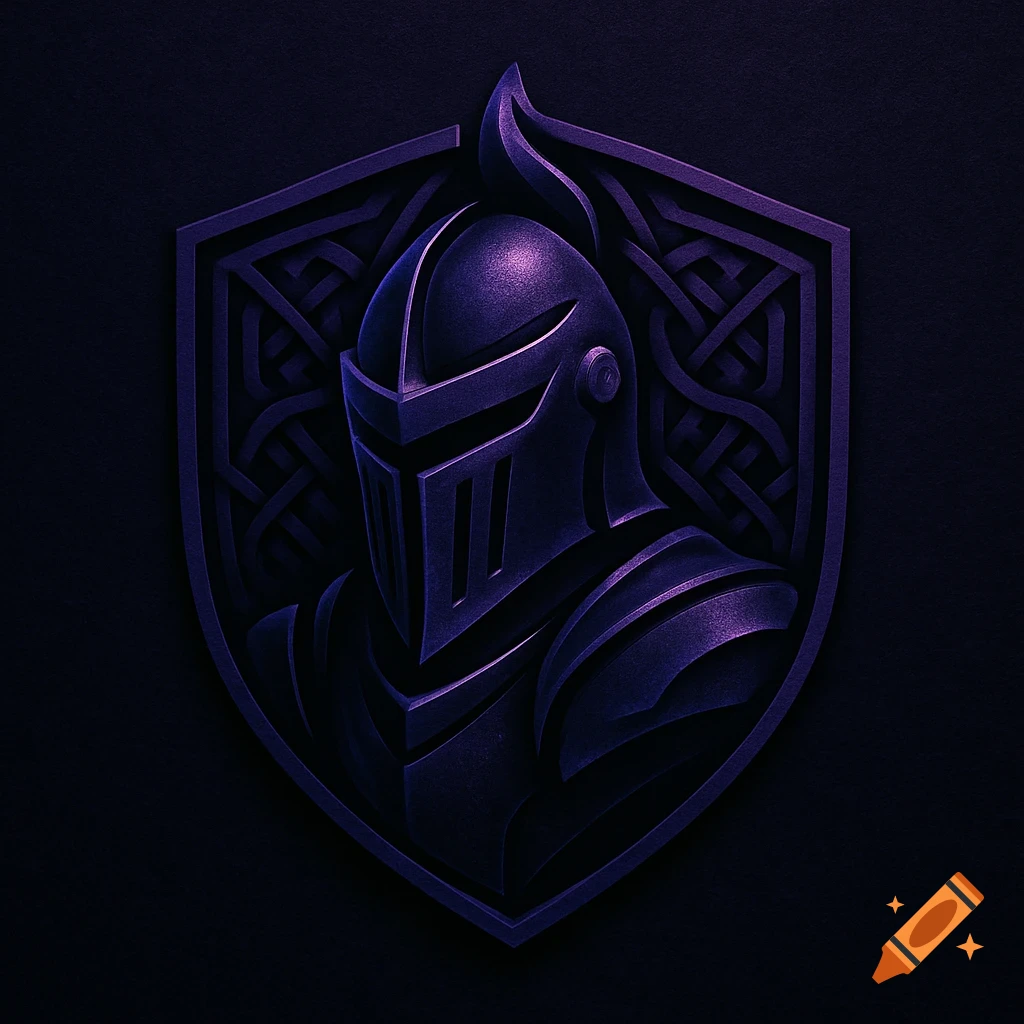 Dark purple stylized knight emblem in armor with a helmet on a shield with intricate Celtic knot patterns.
