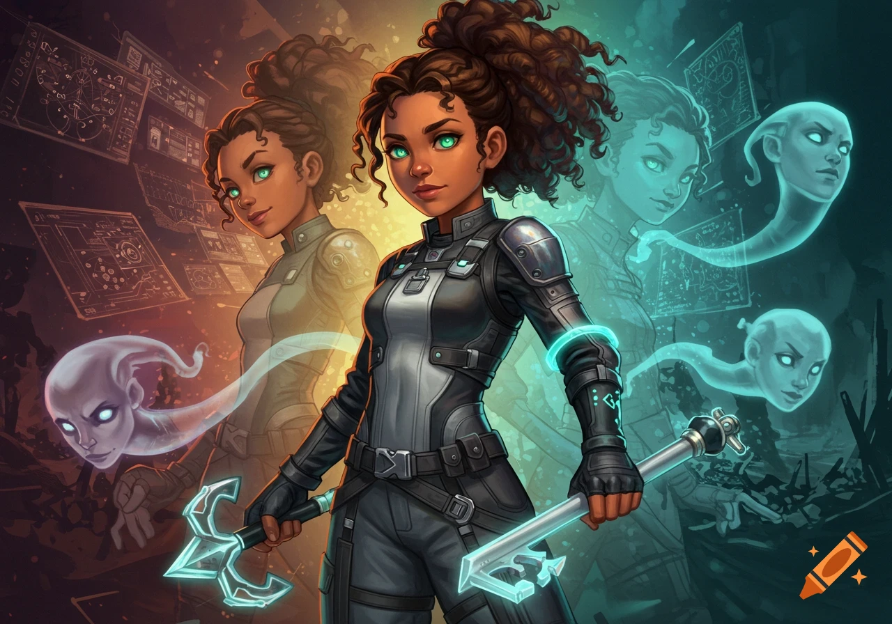 A confident girl in a tactical suit holds a glowing keyblade, with ghostly figures and tech/magic screens in a sci-fi fantasy scene.