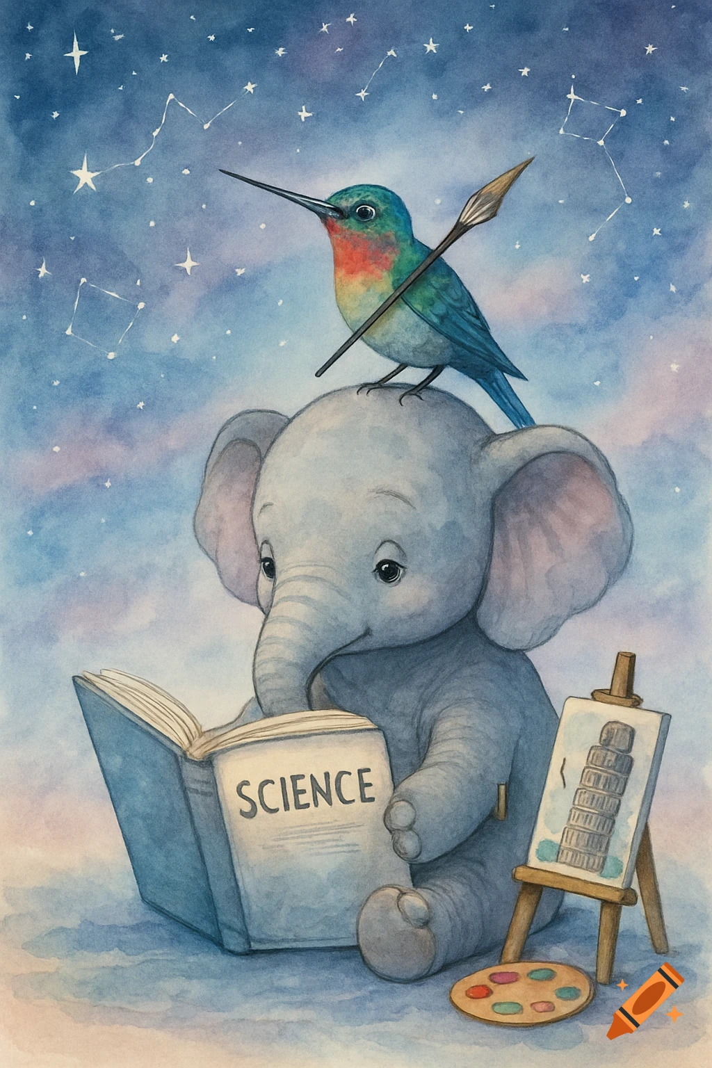 Watercolor of a baby elephant reading a 'SCIENCE' book, a hummingbird painting the Leaning Tower of Pisa on its head. Starry twilight sky.