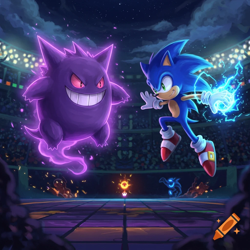 Gengar and Sonic the Hedgehog face off in a glowing stadium, Sonic charging an electric attack.