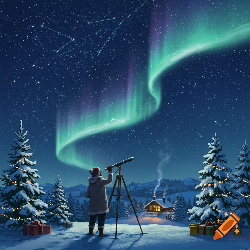 A person views the aurora borealis through a telescope on a snowy Christmas night, with decorated fir trees and a cozy cabin.