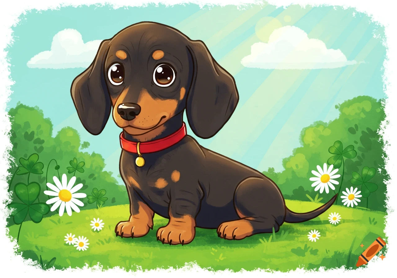 A cute cartoon black and tan dachshund puppy with a red collar sits in green grass with white daisies under a blue sky.