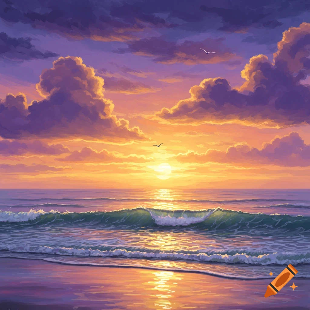 Vibrant digital painting of a sunset over the ocean, with purple and orange clouds, and waves crashing on a sandy beach.