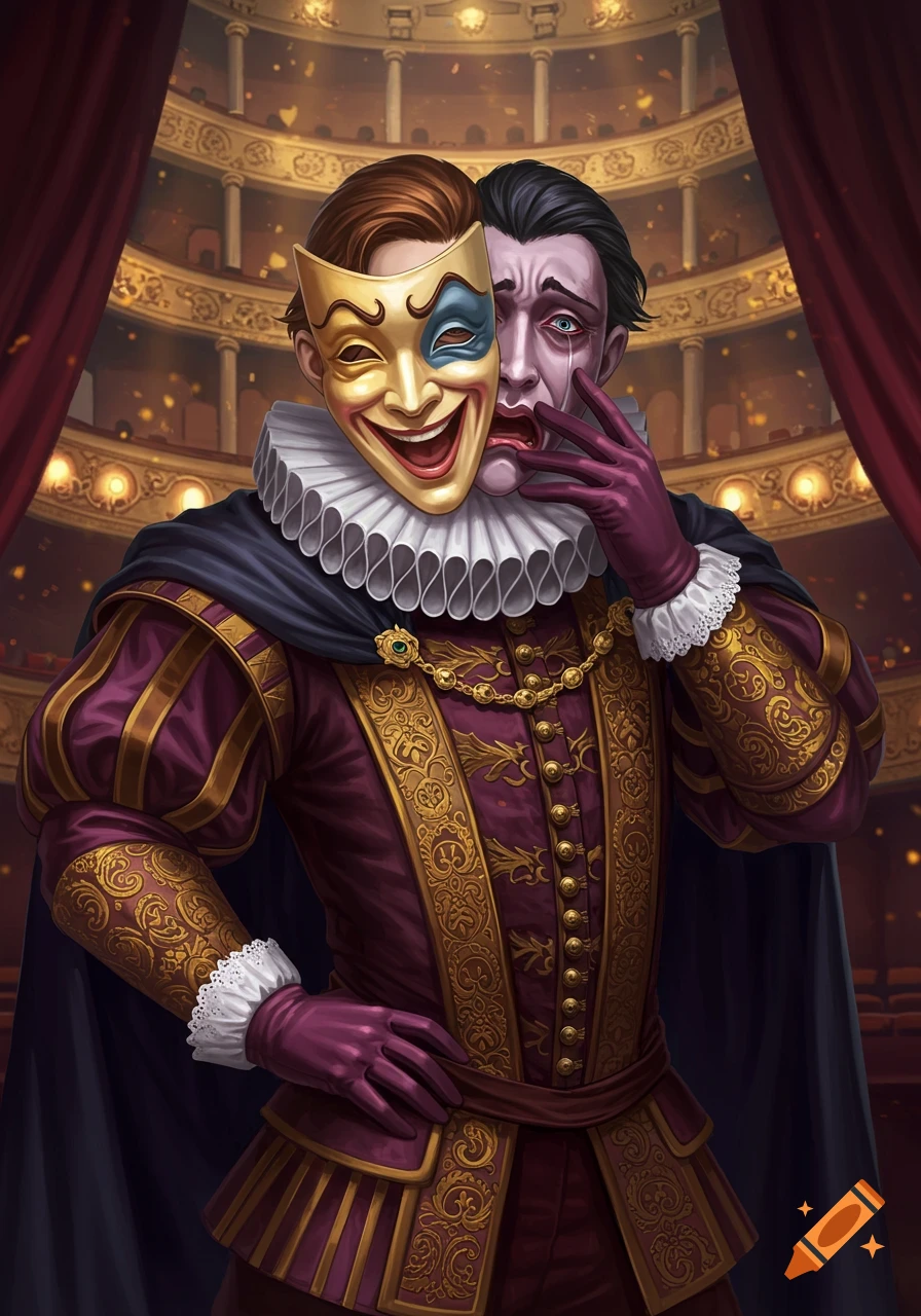 Renaissance actor in an elaborate purple and gold costume holding a smiling mask that reveals a crying face, in a theatre.