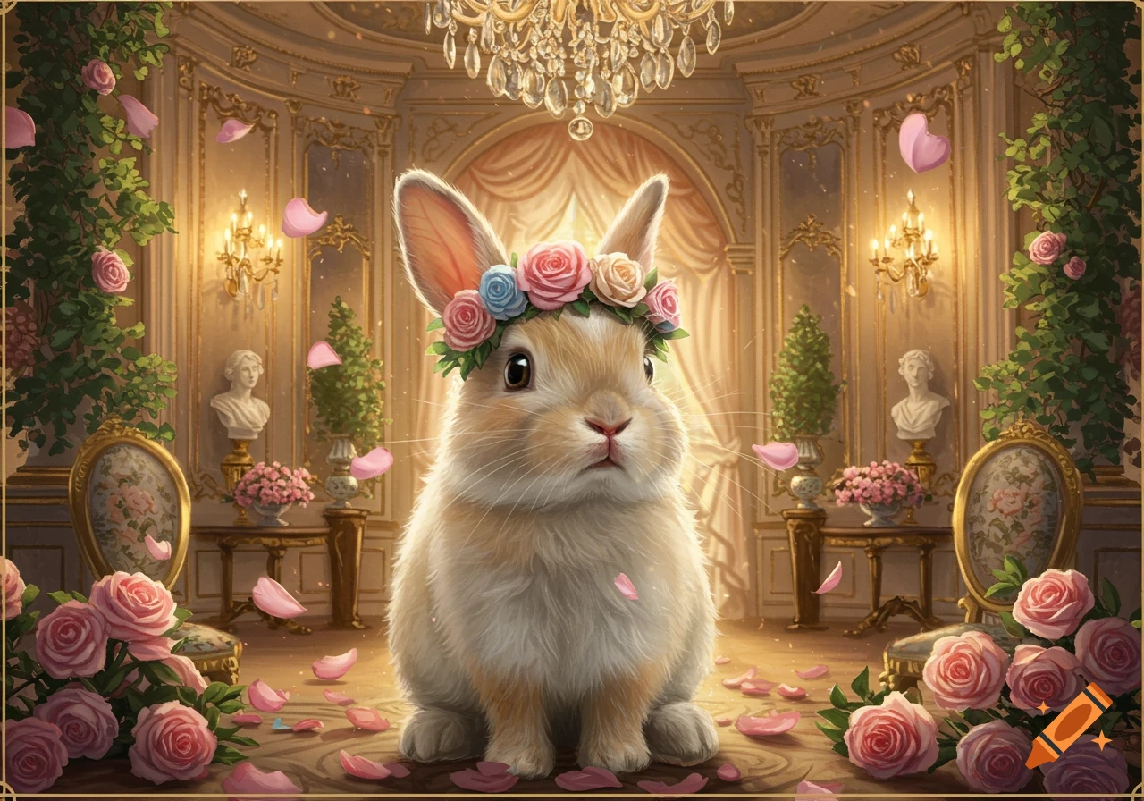 A cute bunny with a flower crown sits in a lavish rococo room filled with roses and petals, in a painterly style.