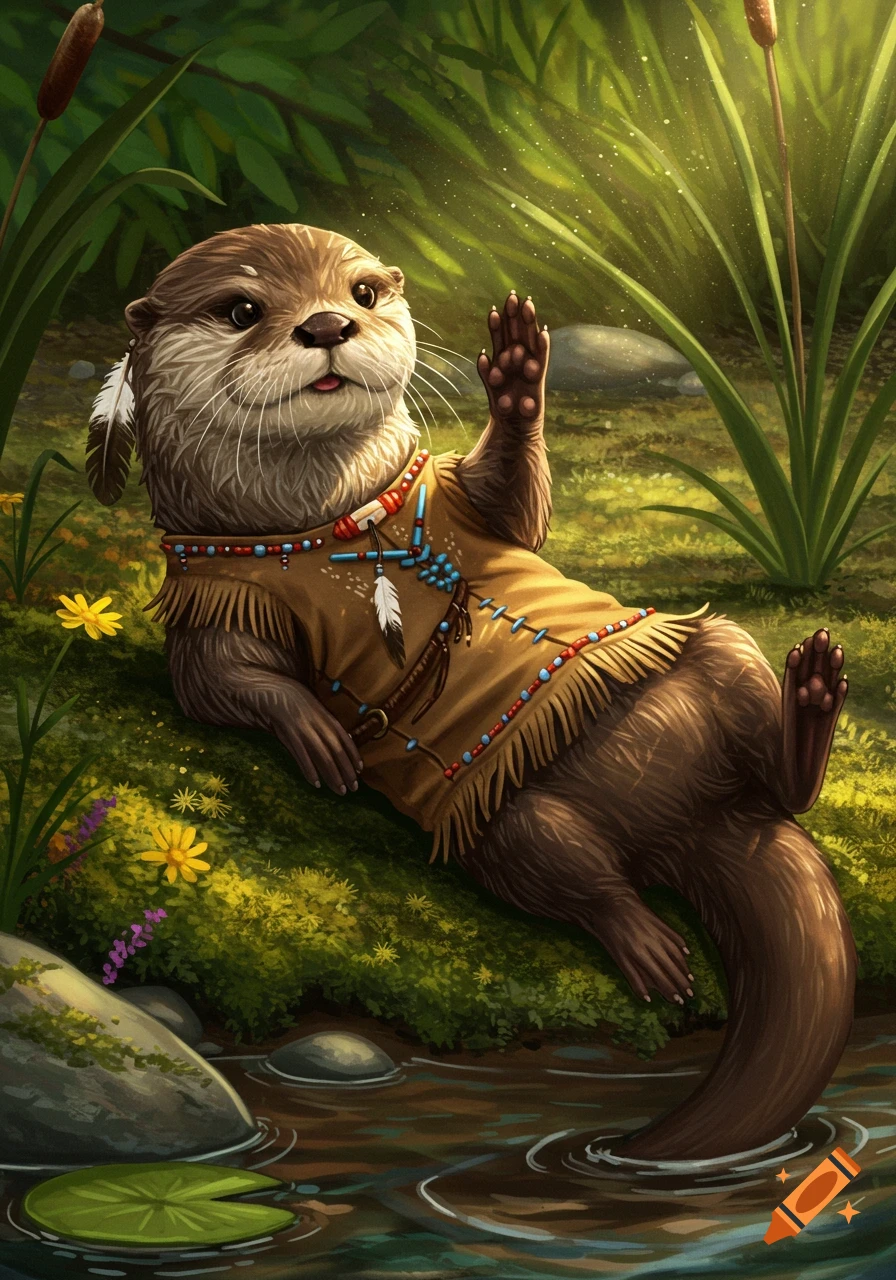 Detailed illustration of an anthropomorphic river otter wearing buckskins, sitting by a stream with a raised paw.