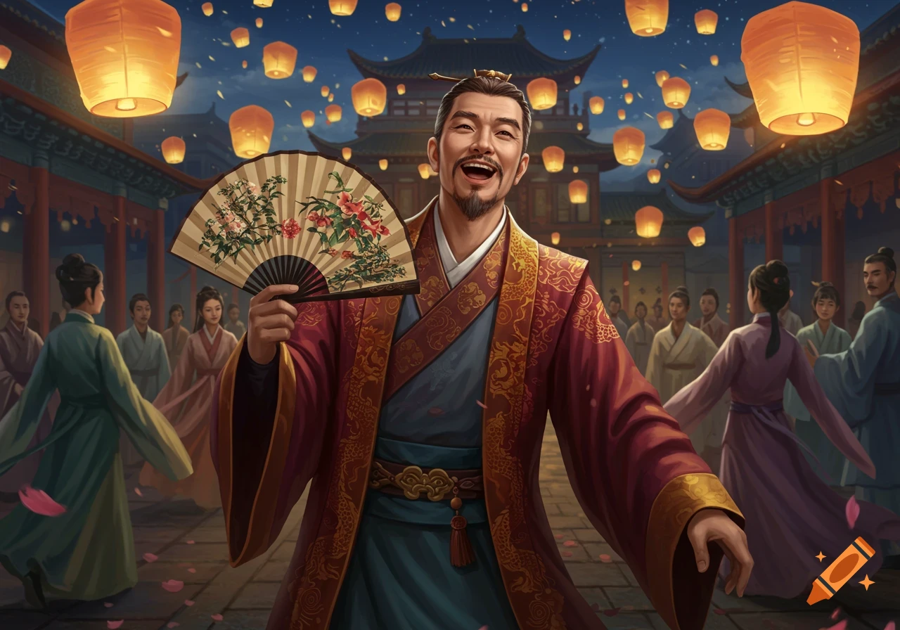 Happy ancient Chinese man in a red robe with a fan, celebrating outdoors at night under a sky filled with glowing lanterns, illustration.