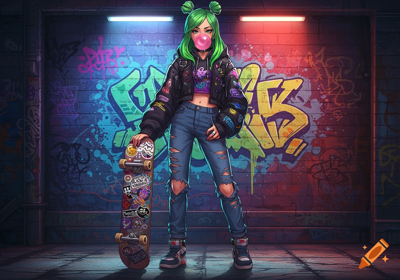 Anime-style skater girl with green hair and bubblegum, holding a skateboard in front of a colorful graffiti wall.