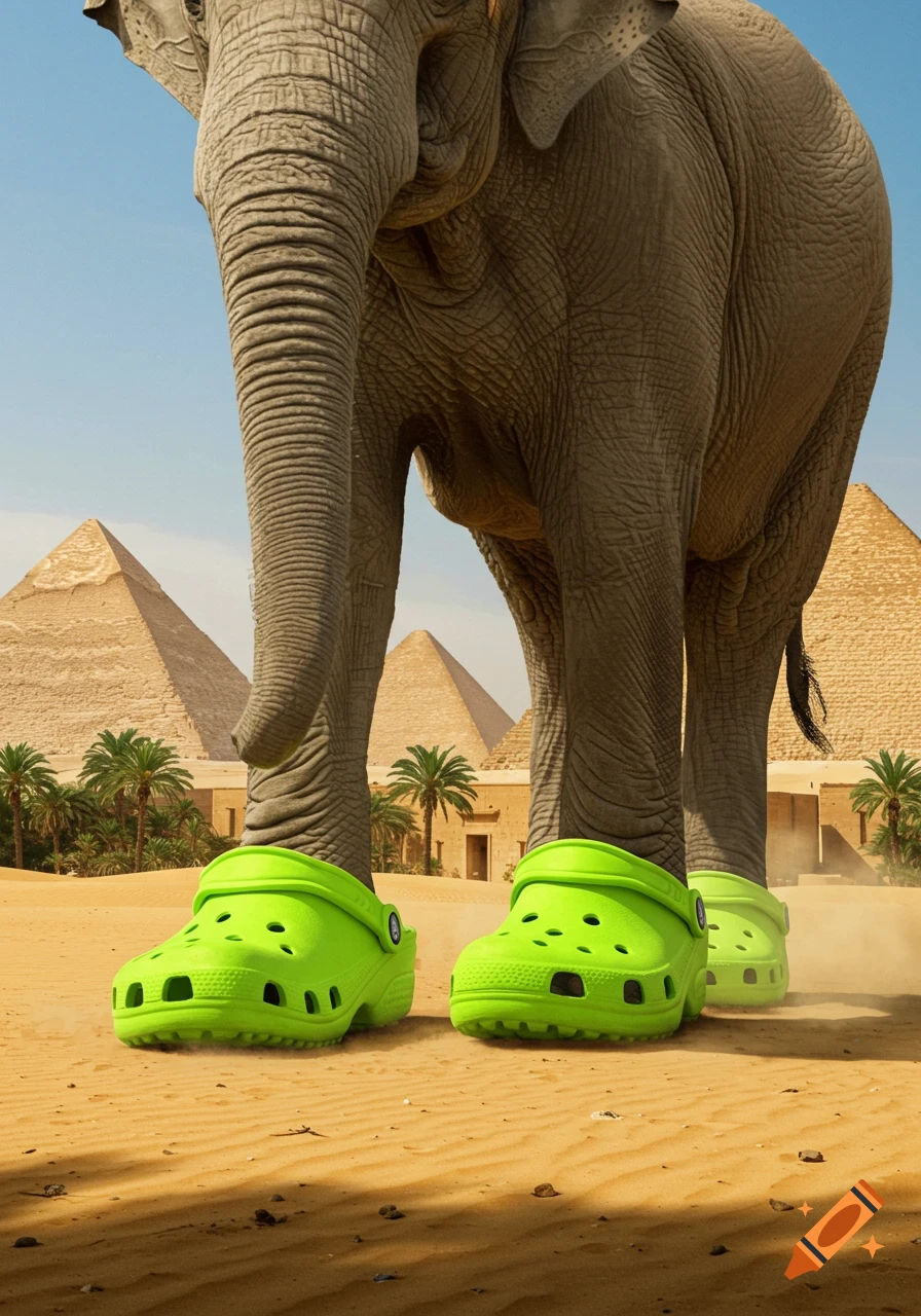 A photorealistic image of an elephant wearing bright green Crocs, standing in a sandy desert with ancient pyramids and palm trees in the background.
