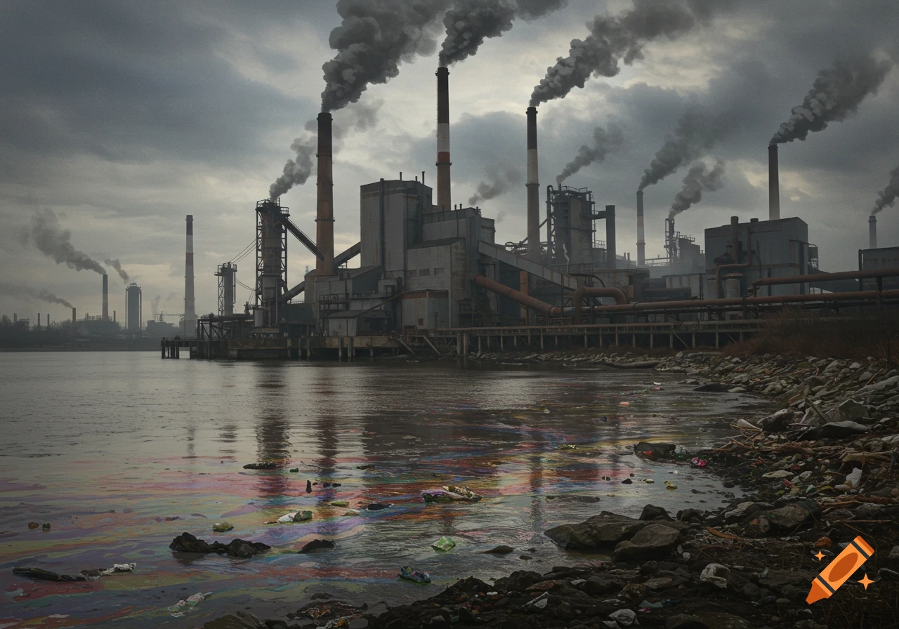 An industrial factory complex with smokestacks billowing dark smoke into a cloudy sky, reflected in a heavily polluted river with oil and trash along the shore.