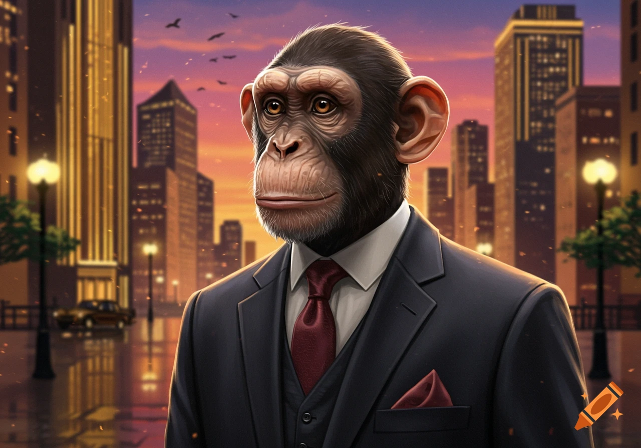 An illustrated chimpanzee in a black suit, white shirt, and red tie stands on a city street at sunset.