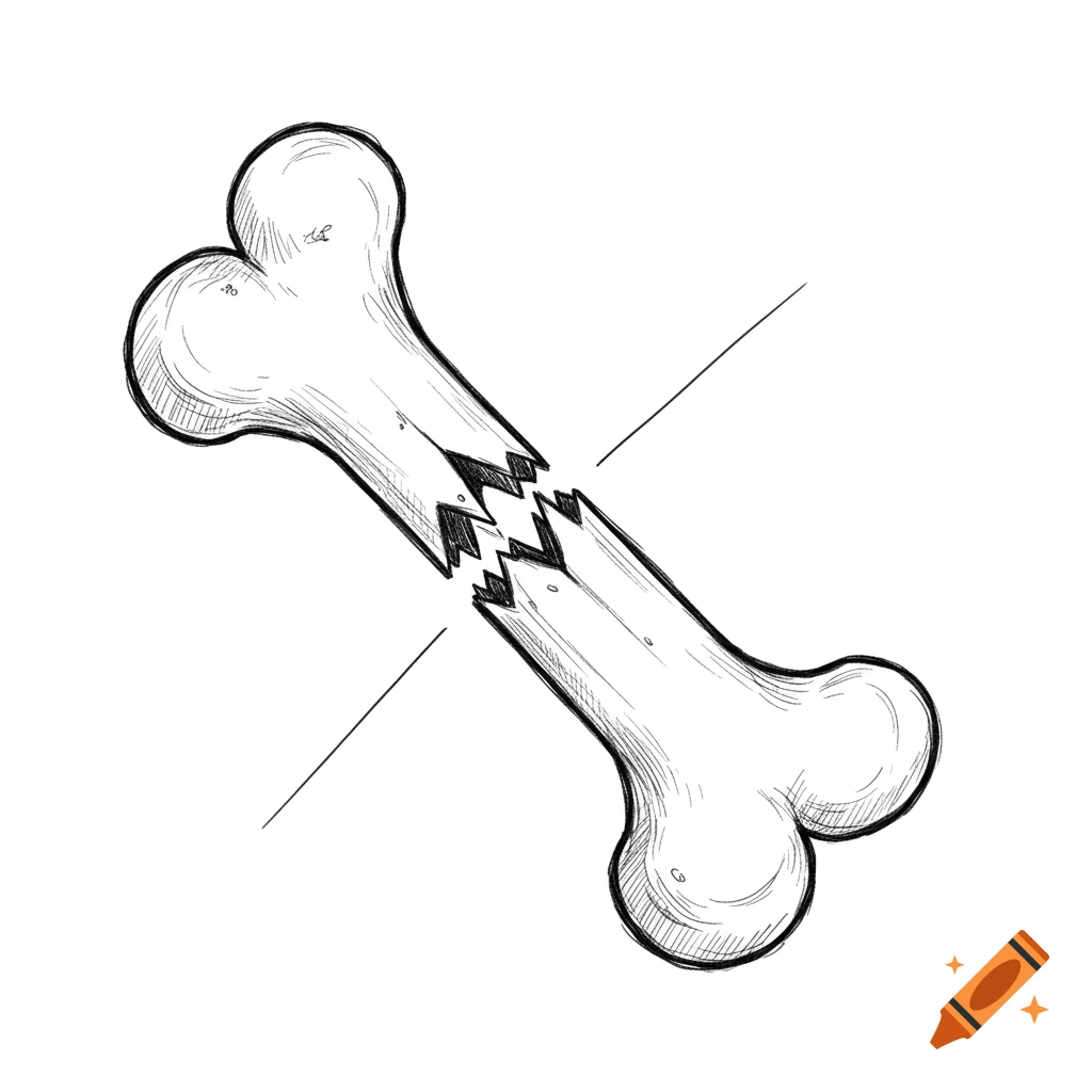 A black and white sketch illustration of a broken bone with diagonal lines.