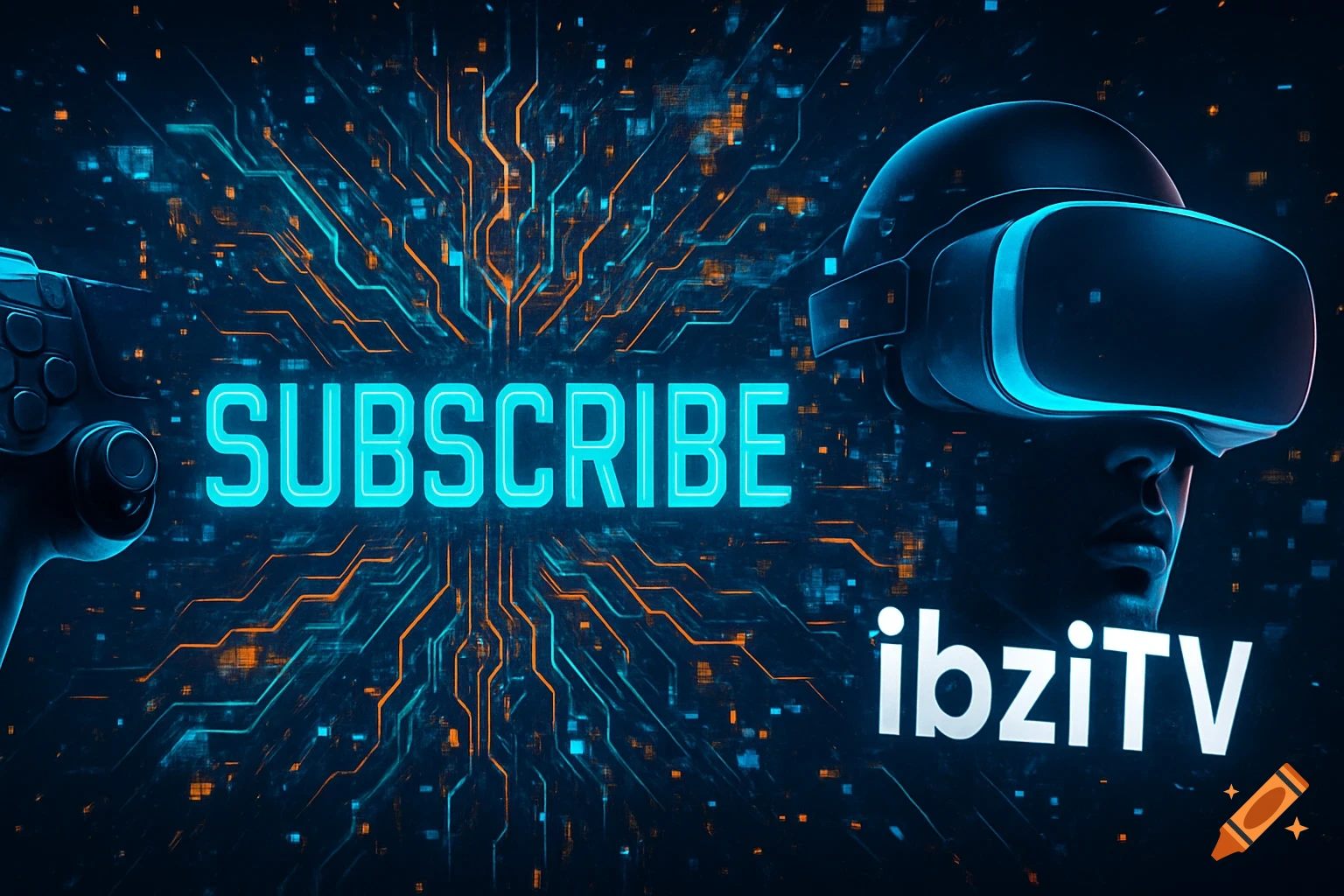 A VR headset, game controller, and glowing 'SUBSCRIBE ibziTV' text over a blue and orange circuit board background.