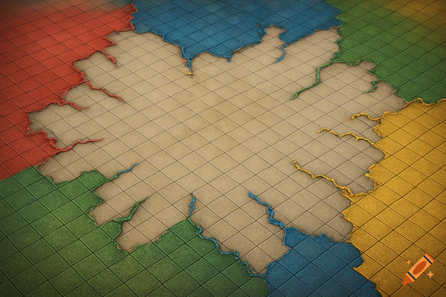 Overhead view of a strategy game map with a beige square grid center surrounded by jagged red, blue, green, and yellow territories.