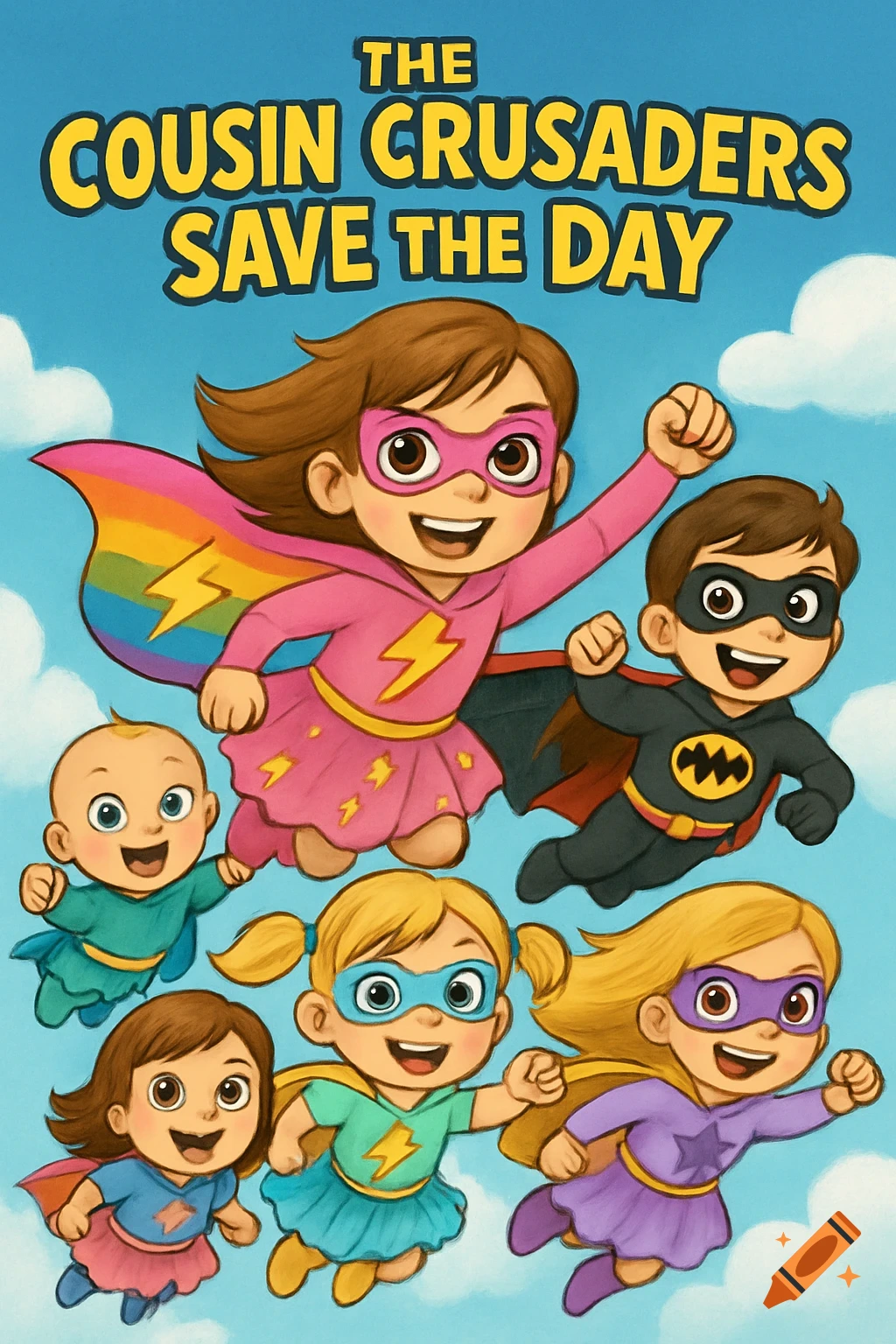 Illustrated cartoon cover showing six smiling superhero children, including a baby, flying in a blue sky with clouds. Text reads 'THE COUSIN CRUSADERS SAVE THE DAY'.