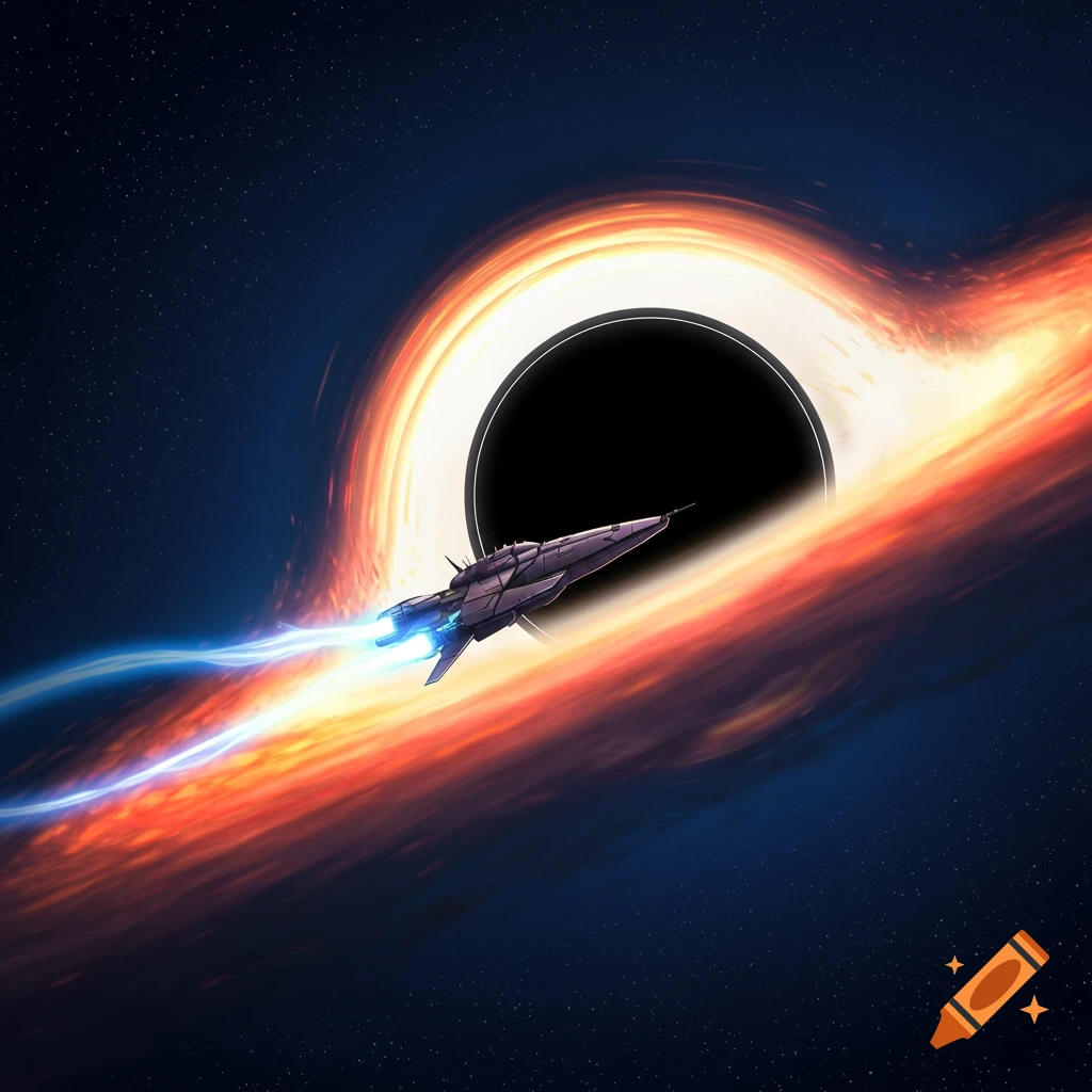 Anime-style spaceship flying past a black hole in deep space, surrounded by a bright orange accretion disk.