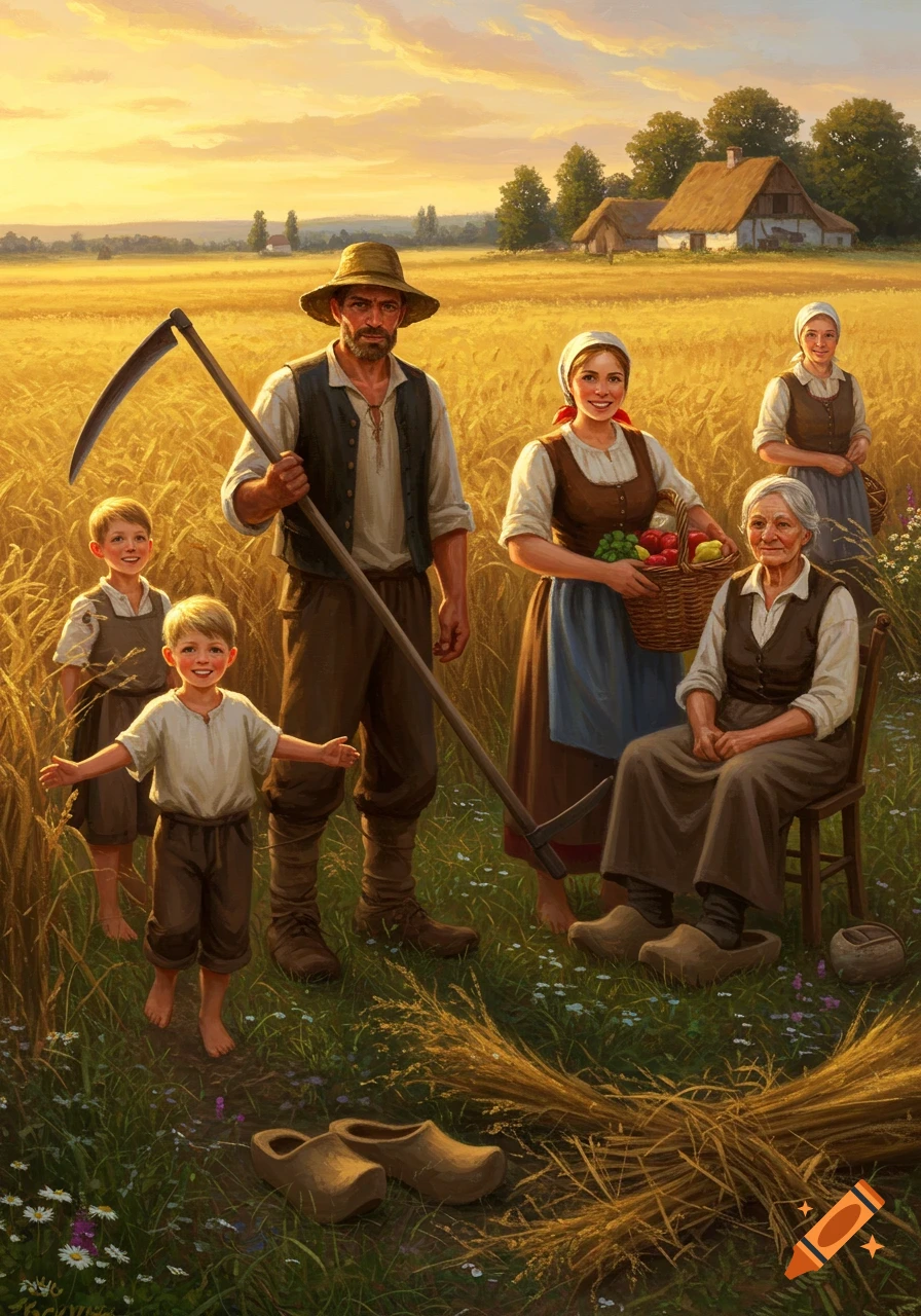 A large farming family stands in a golden wheat field at sunset. A man with a scythe, a woman with a basket of produce, children, and elderly women are depicted in a painted style.