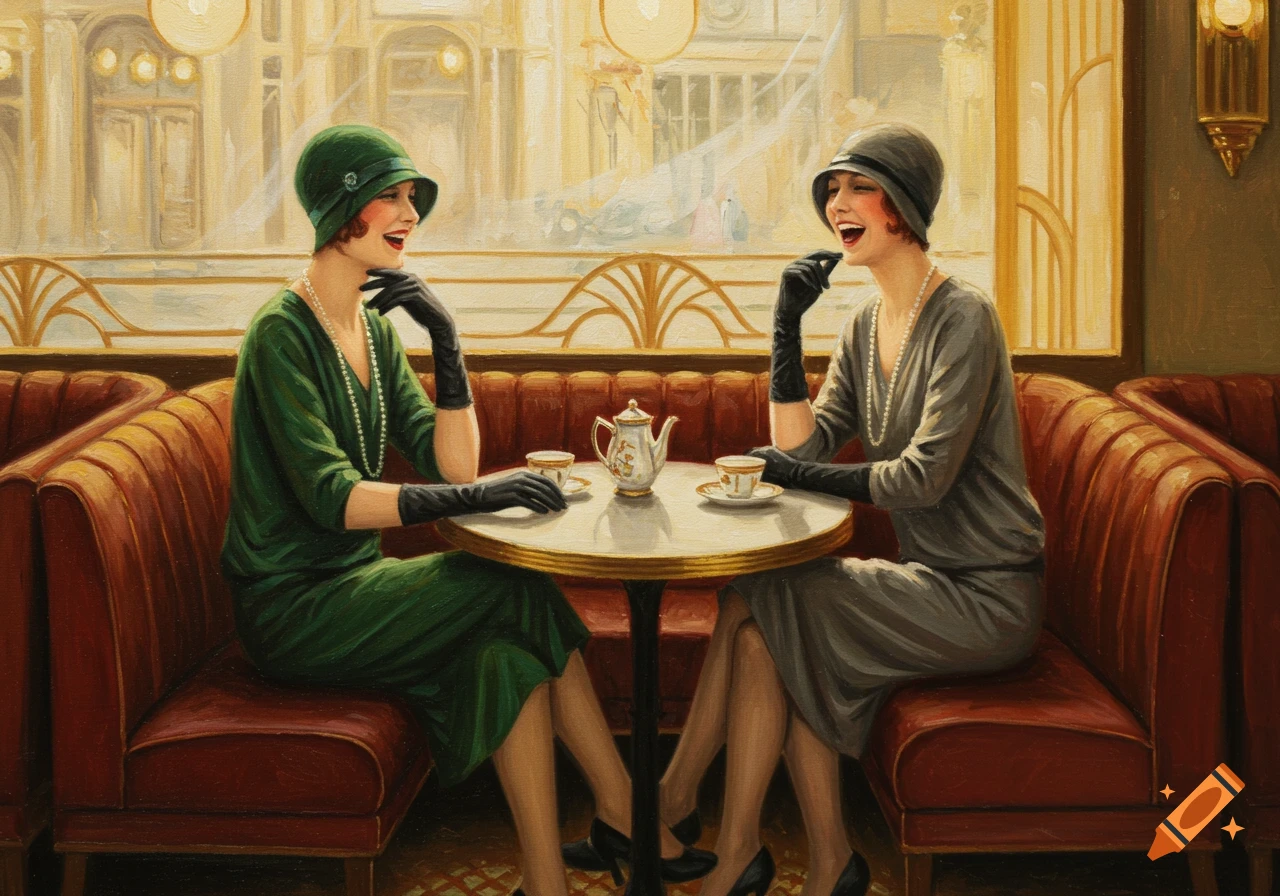 Two women in 1920s dresses and cloche hats laugh over tea in an elegant cafe, rendered in oil painting style.