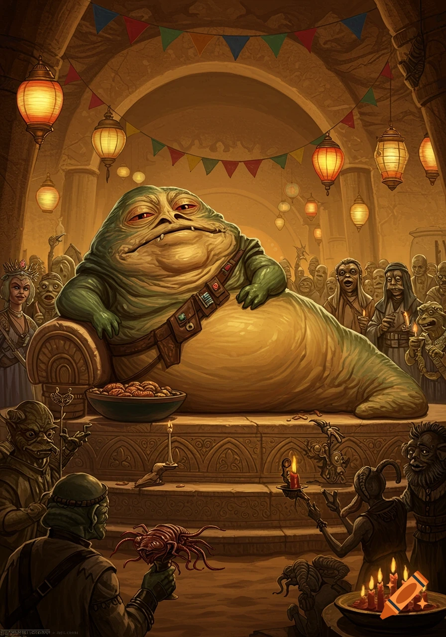 Jabba the Hutt reclines on a dais amidst a lively alien party, lit by lanterns and candles, in a richly detailed, fantastical setting.