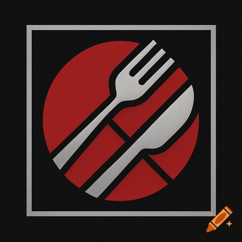 Minimalist geometric logo featuring a silver fork and knife over a red circle, framed by silver on a black background.