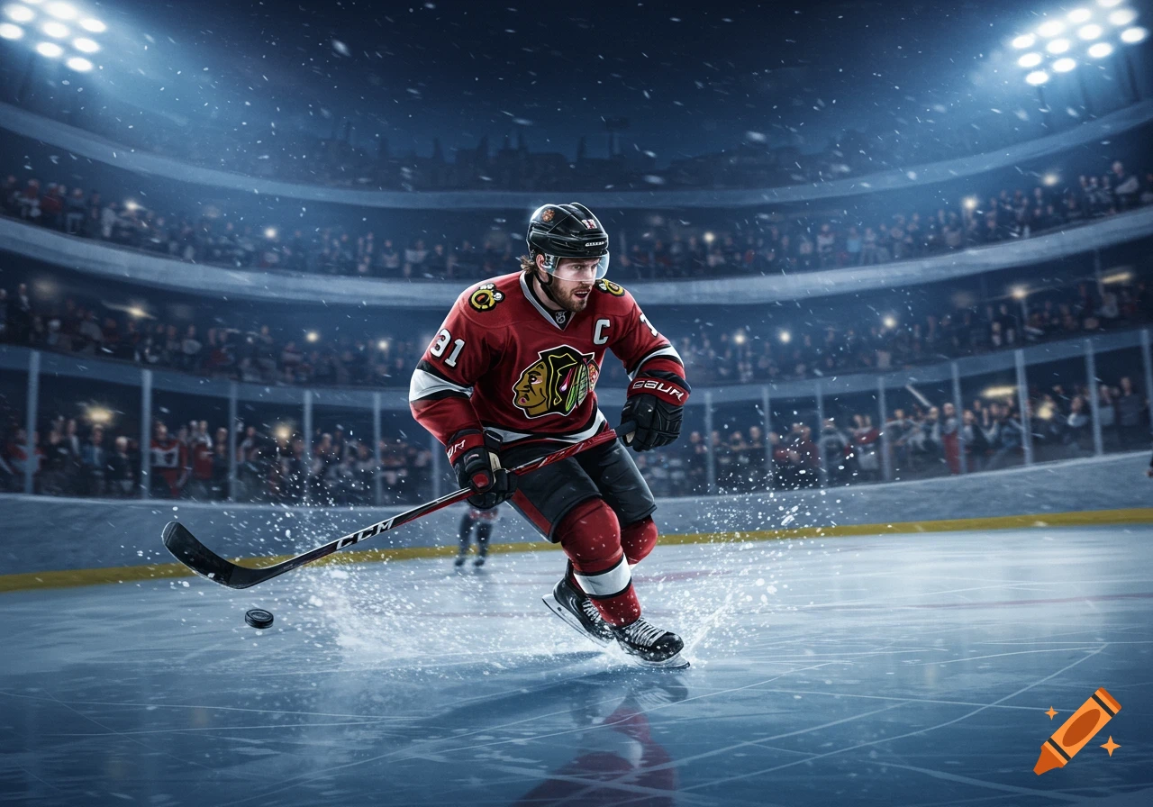 A hockey player in a red jersey with number 31 and a C skates across an ice rink, kicking up ice chips in a crowded arena with bright lights.