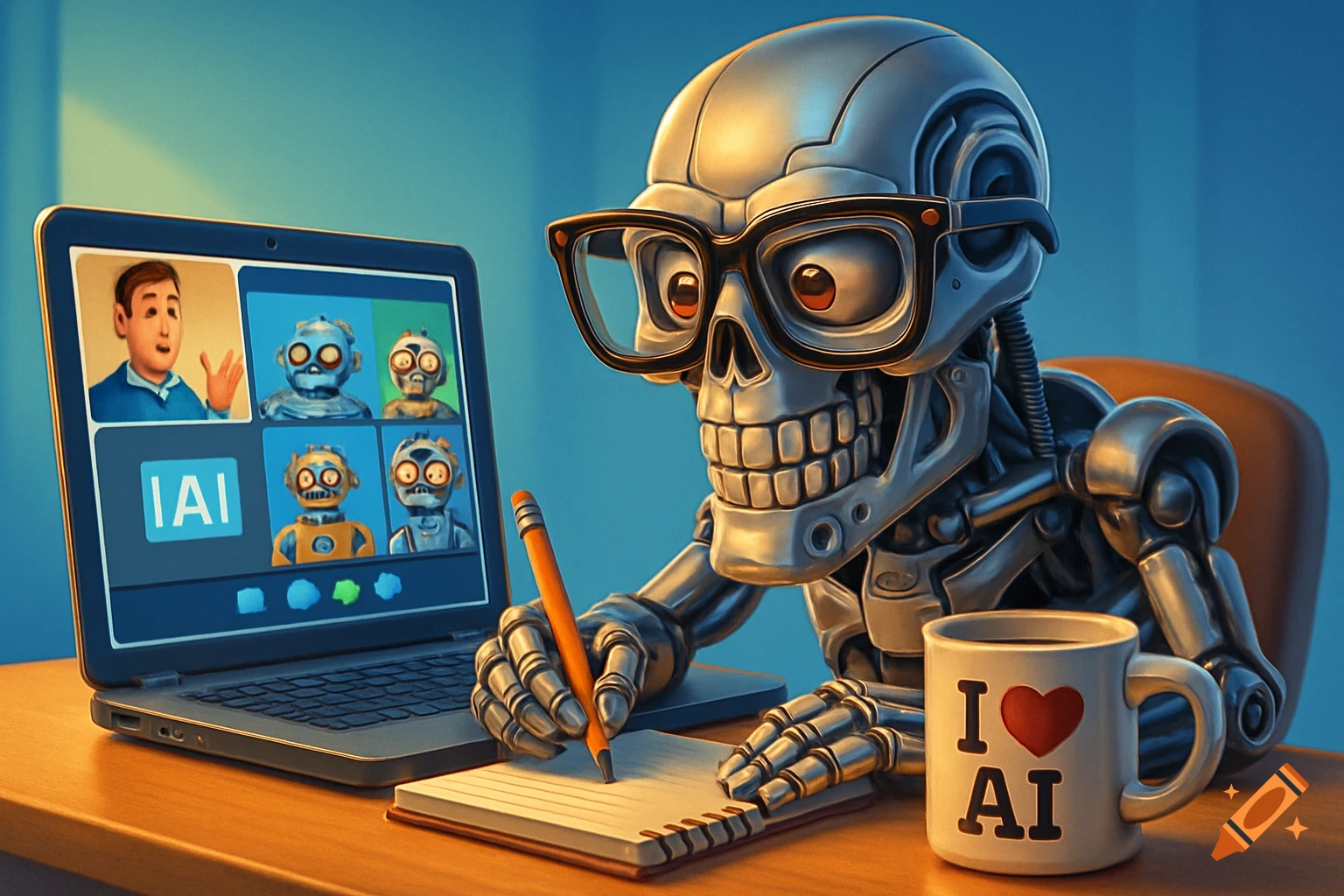 A cartoon Terminator robot in glasses takes notes at a desk, watching an AI online course on a laptop with a human and robot students. A mug says 'I AI'.