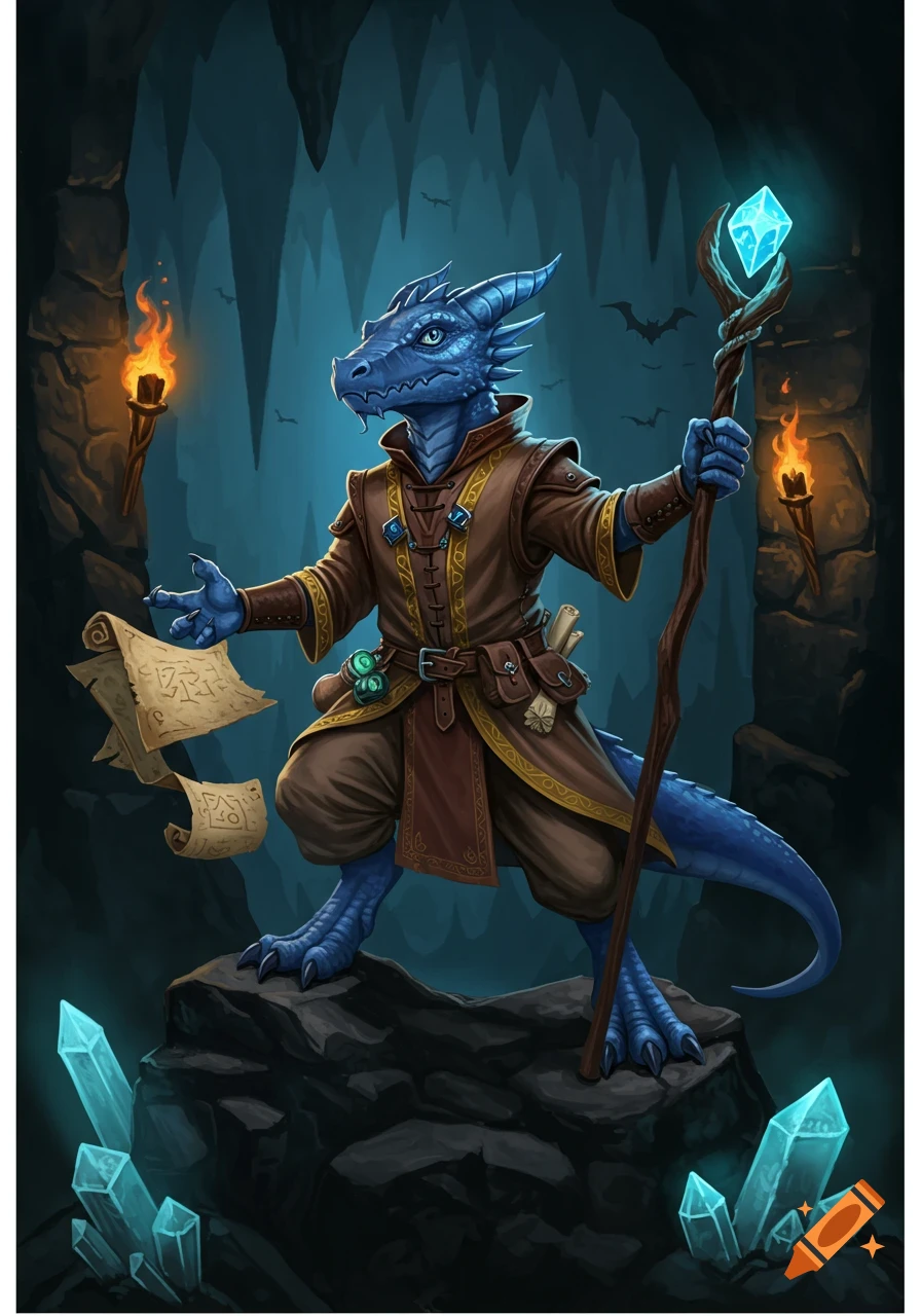 A blue reptilian sorcerer in a brown robe holds a glowing staff and magic scrolls in a crystal cave.