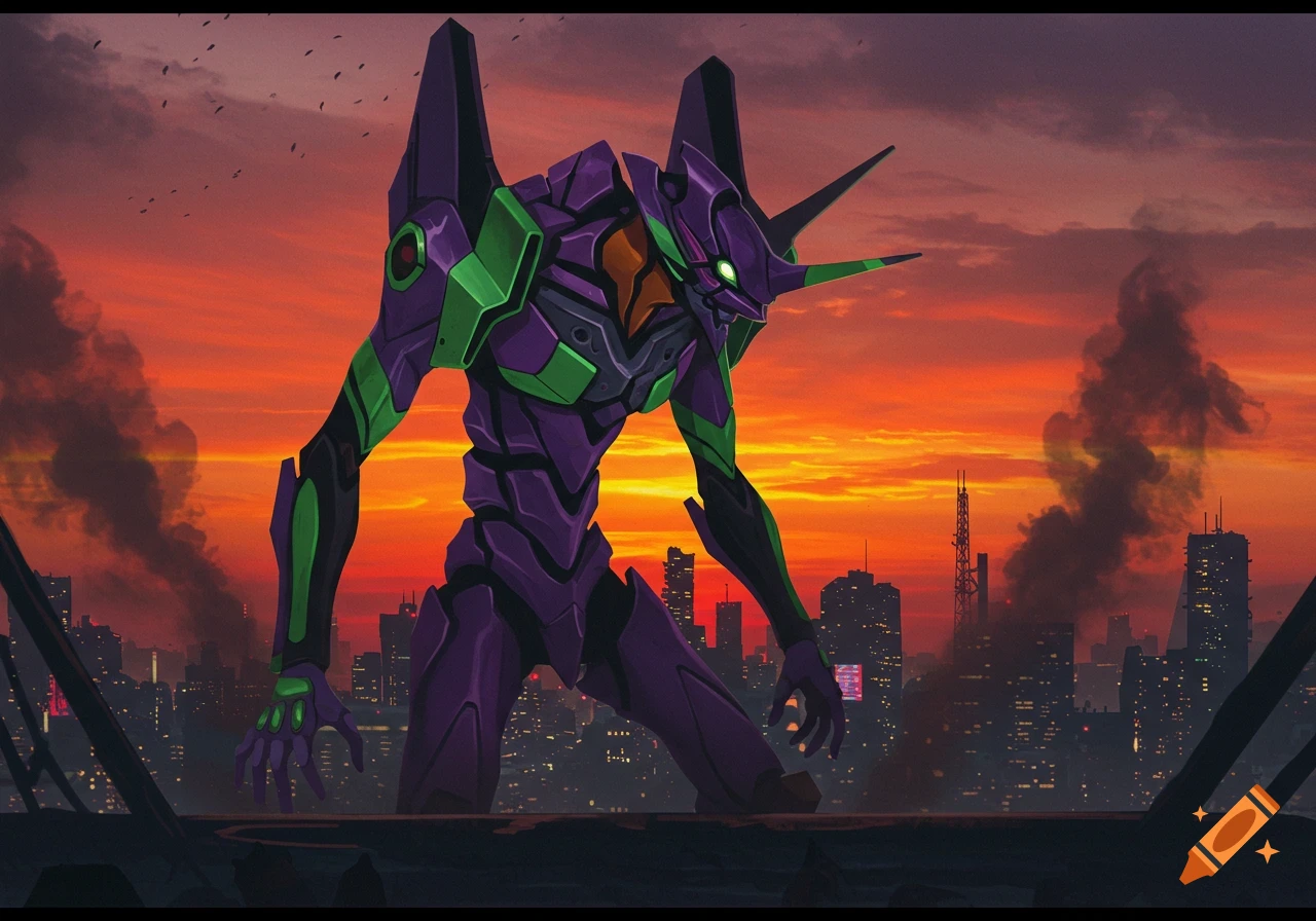 Giant purple and green Evangelion Unit 01 mecha overlooks a destroyed city at sunset in an anime style.