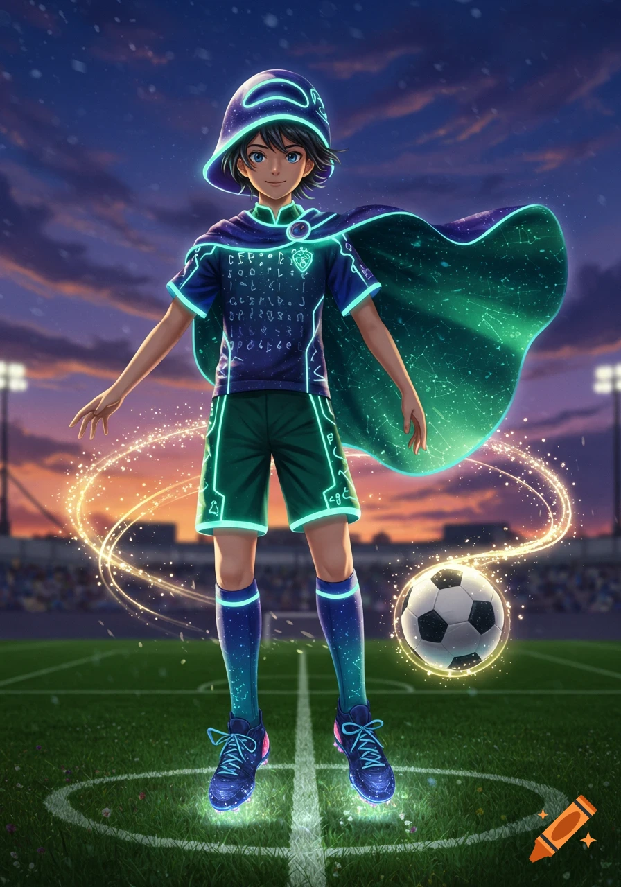 Anime magical boy in a glowing soccer uniform with a starry cape, on a field with a floating soccer ball at sunset.