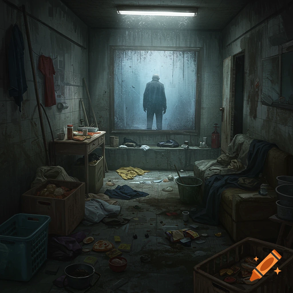 A dark, dilapidated room filled with dirty laundry and trash, with the silhouette of an old man barely visible through a grimy window.
