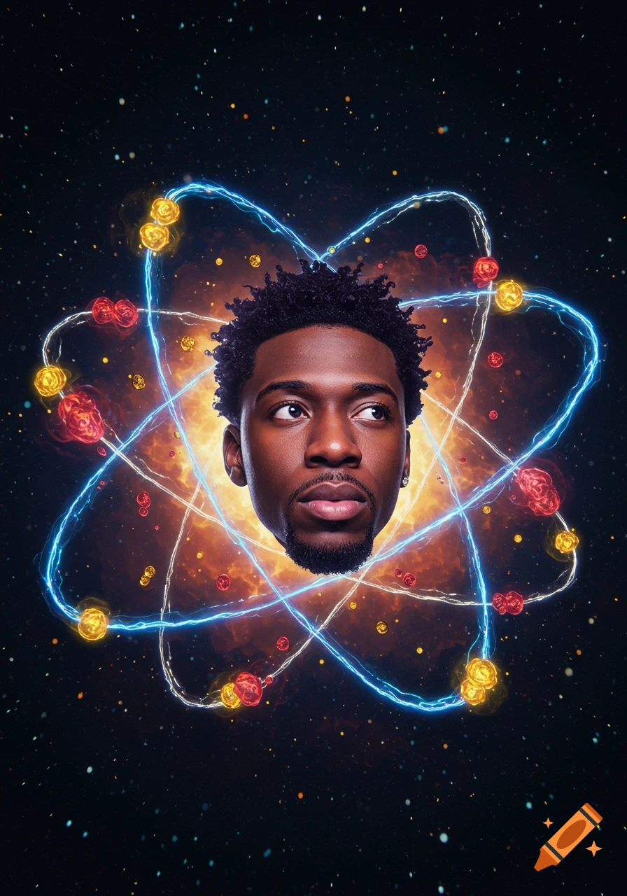 A man's head, Omarion Hampton, is the nucleus of a glowing atom with electrons in orbit, set against a star-filled cosmic background.
