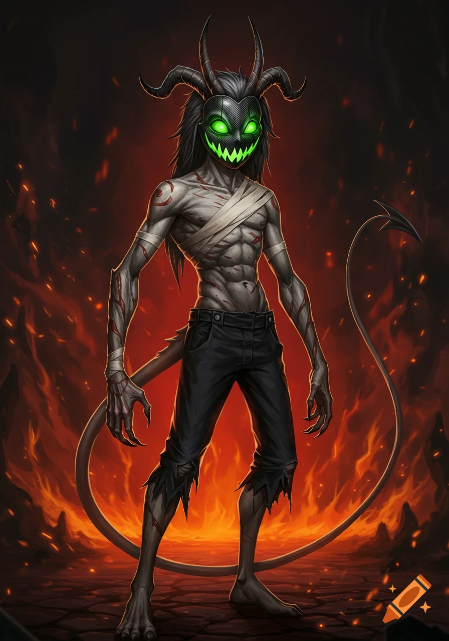 A stylized imp character with grey skin, a black horned mask with a glowing green jack-o'-lantern face, bandages, and black pants, stands in a fiery hellish landscape.