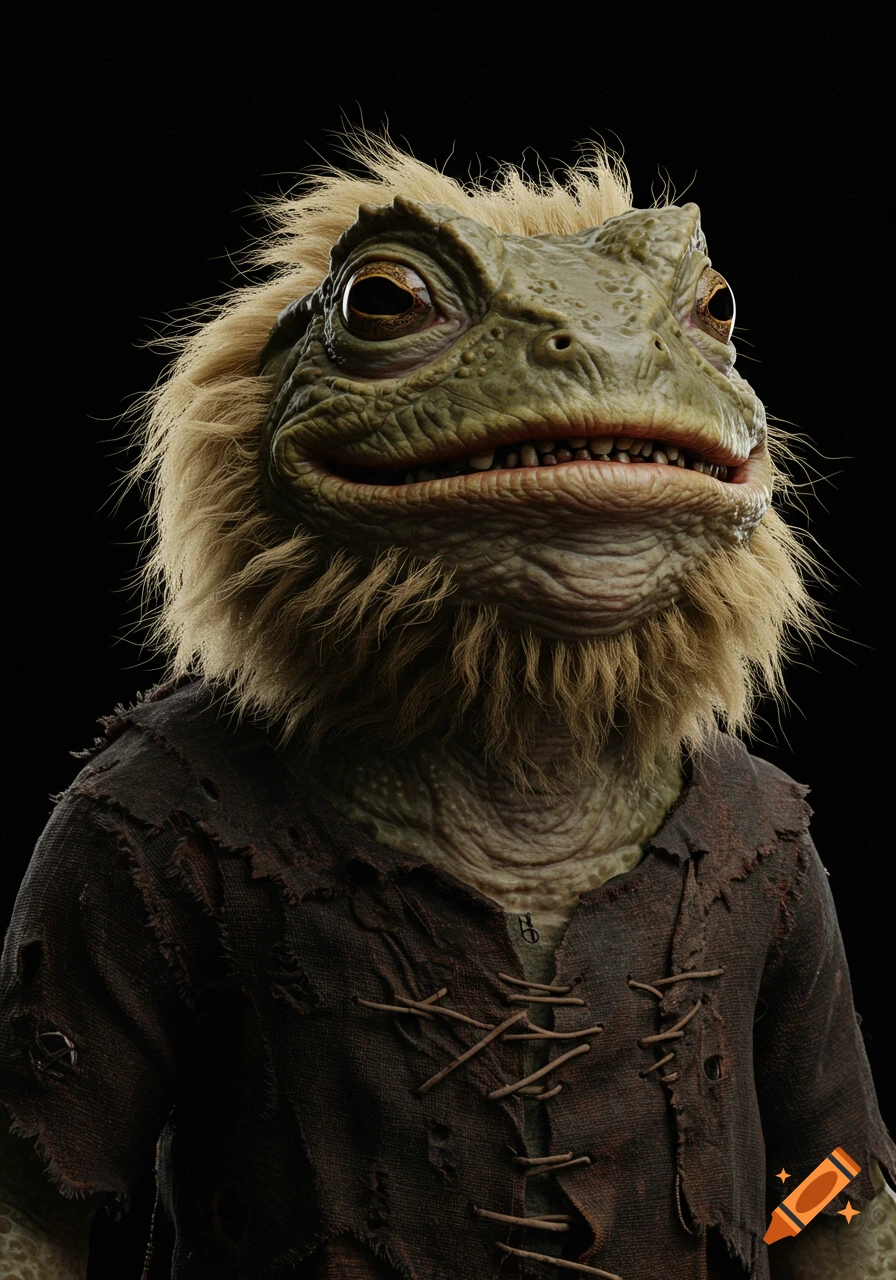 Hyperrealistic face portrait of an ugly, grinning, toad-like creature with blonde fuzzy hair and ragged clothing against a black background.