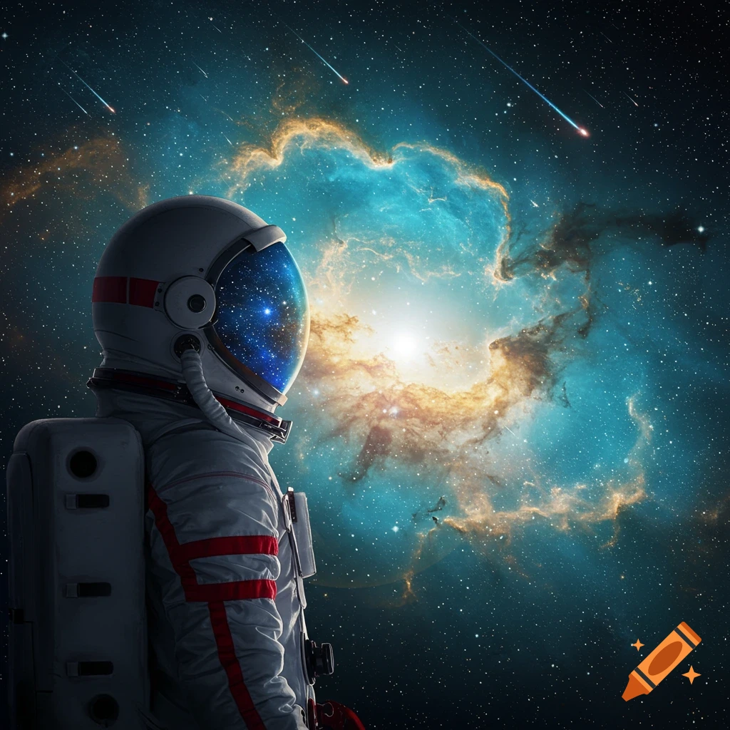 An astronaut in a white suit with red stripes gazes into a vibrant blue and orange nebula, stars reflected in their helmet visor.