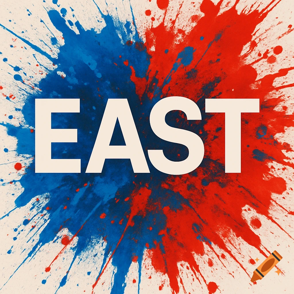 White letters spelling 'EAST' on a background of vibrant red and blue paint splatters.
