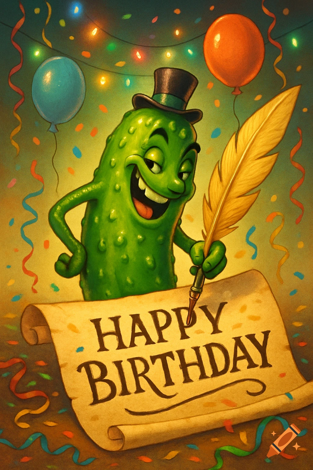Cartoon pickle in a top hat writing 'Happy Birthday' on a scroll amidst balloons, confetti, and string lights.