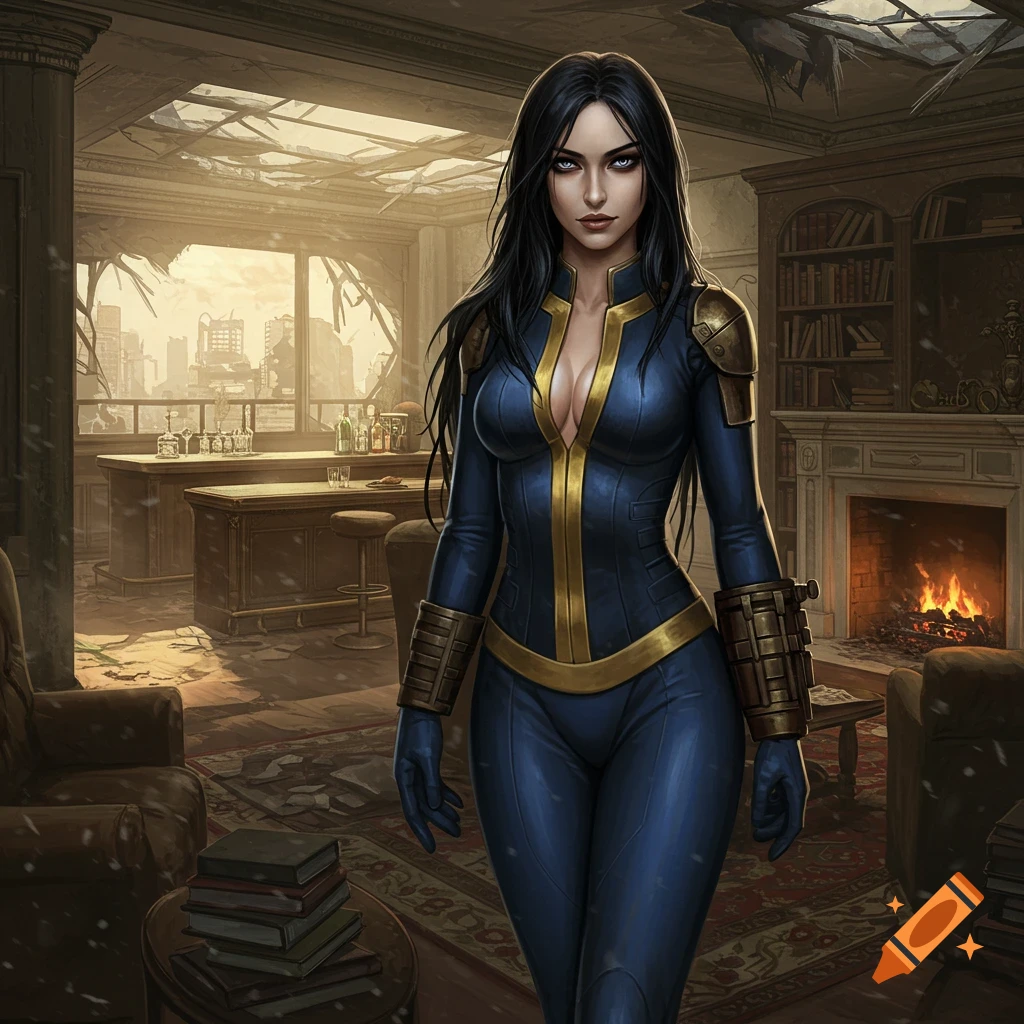 A long-haired woman in a blue and gold vault suit stands in a ruined penthouse with a bar and fireplace, looking out at a cityscape.
