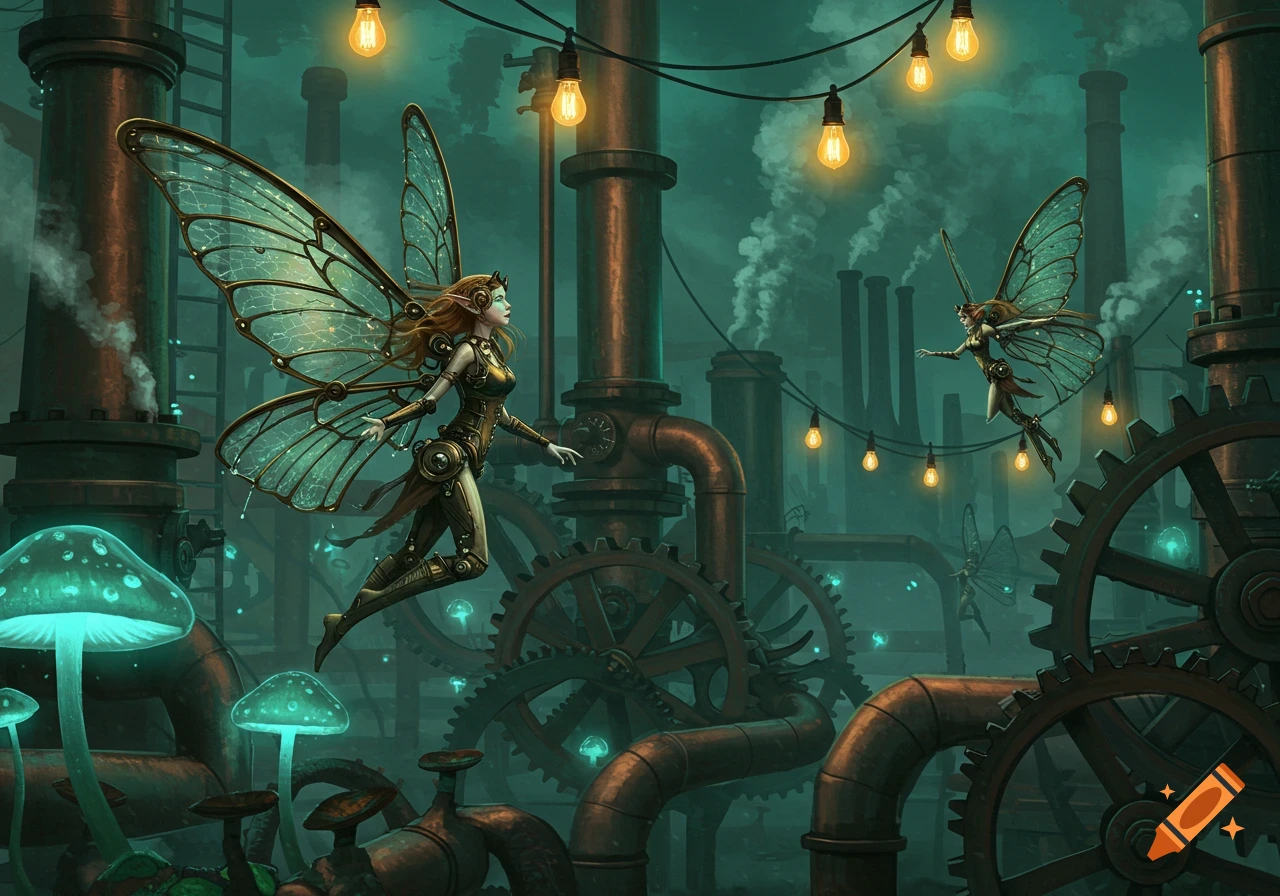 Two steampunk fairies fly amidst large gears, pipes, glowing mushrooms, and strung light bulbs in a fantastical industrial setting.