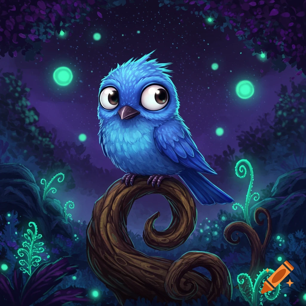 Whimsical cartoon blue bird with big eyes sitting on a swirling branch in a magical, glowing forest at night.