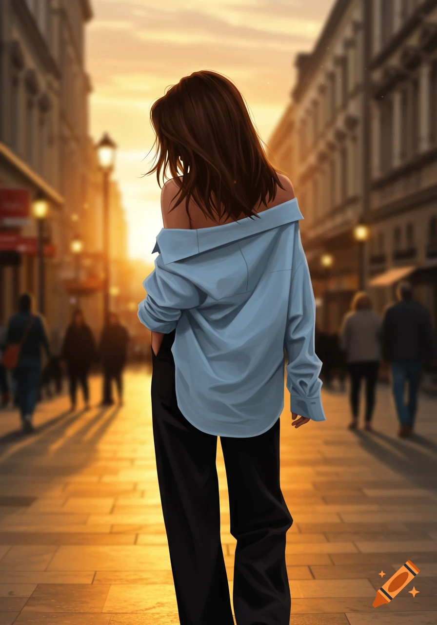 An illustrated woman with brown hair, in a blue off-shoulder shirt and black pants, walks down a city street at sunset.