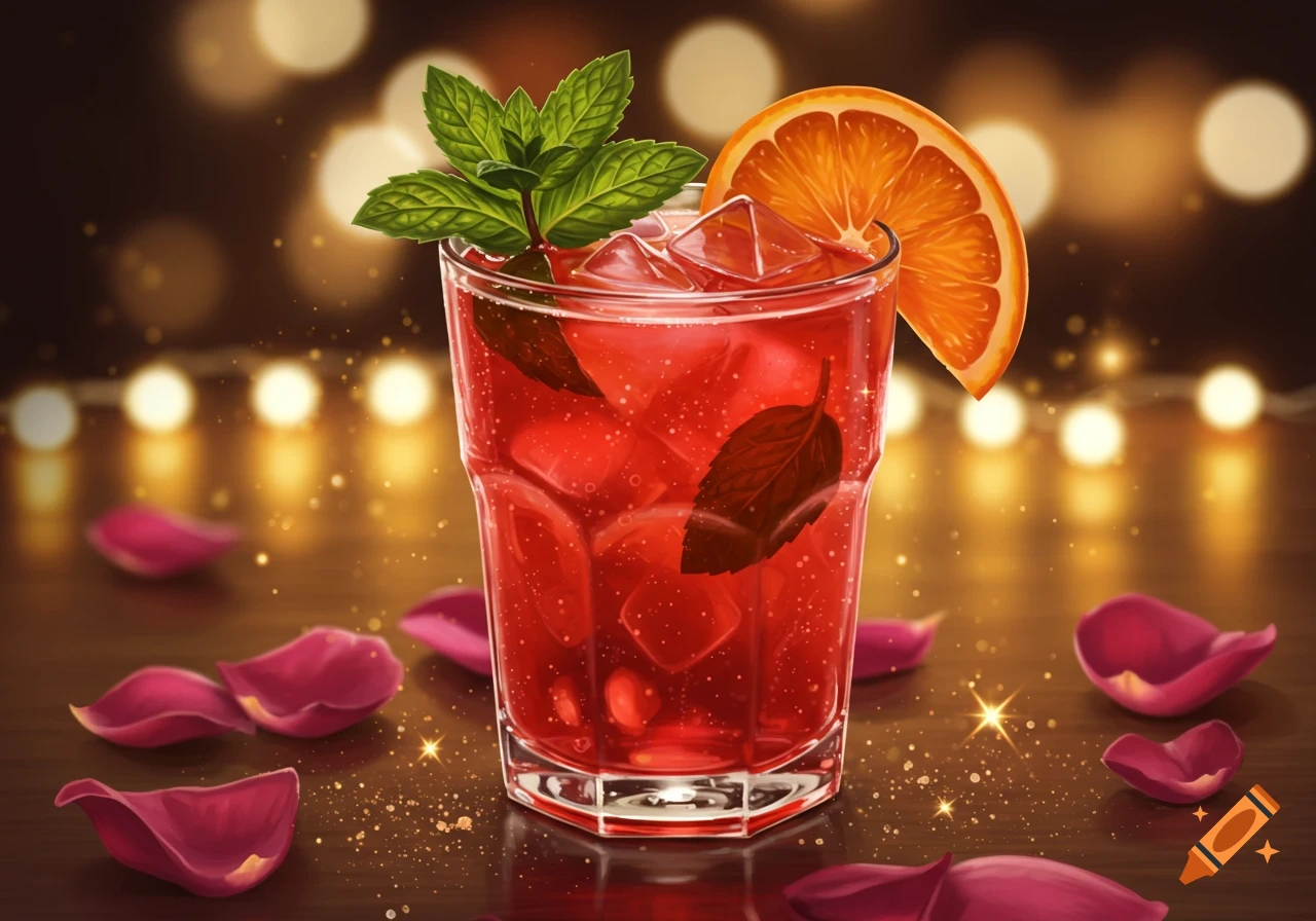 A red cocktail with ice, mint, and an orange slice, surrounded by rose petals and bokeh lights.