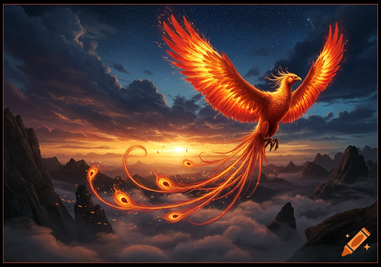 A majestic fiery phoenix with outstretched wings and a long flowing tail flies over a dramatic mountain landscape at sunset with a star-filled sky.