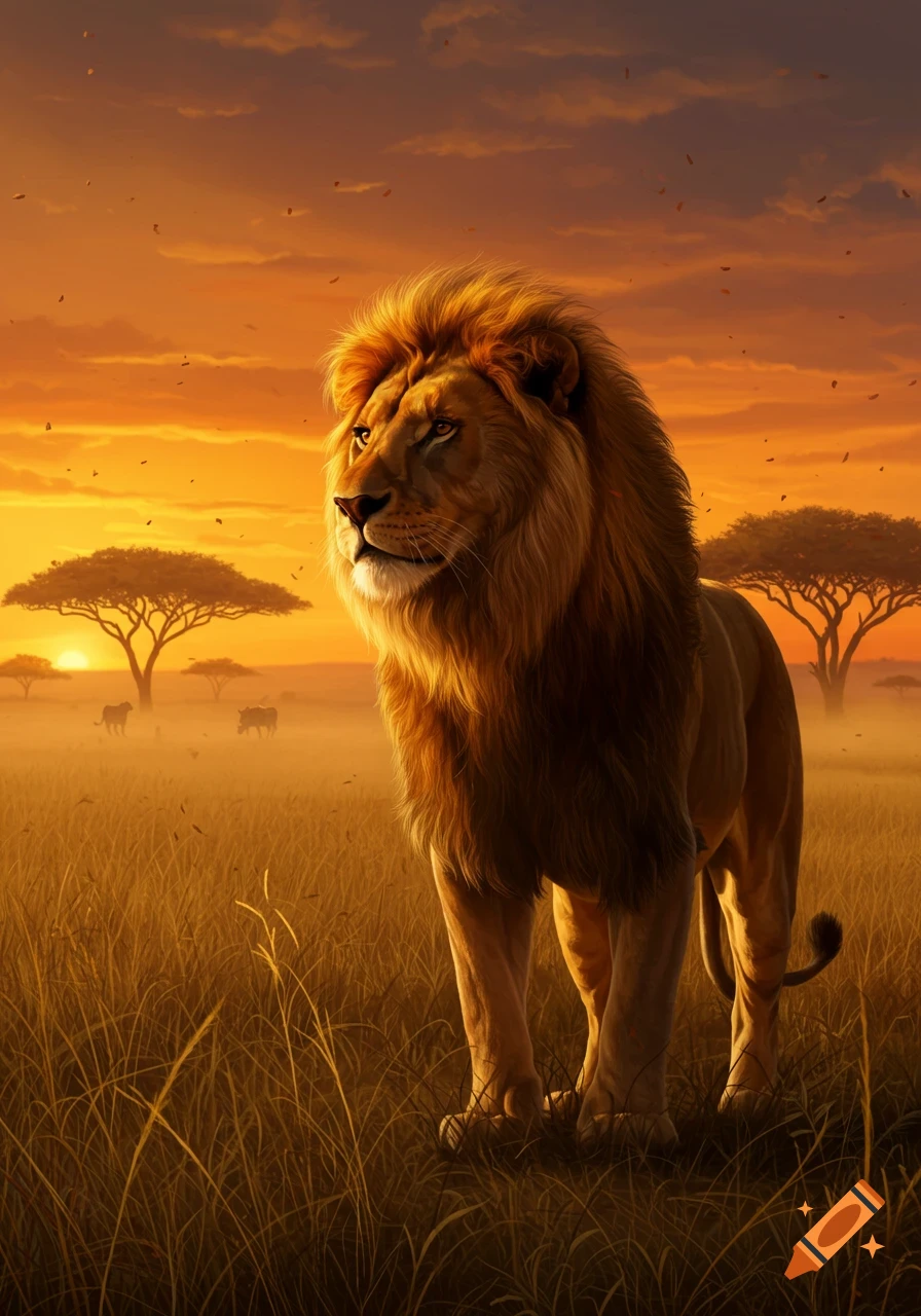 A majestic lion with a golden mane stands in tall grass, looking left, against a vibrant orange sunset in the savanna.