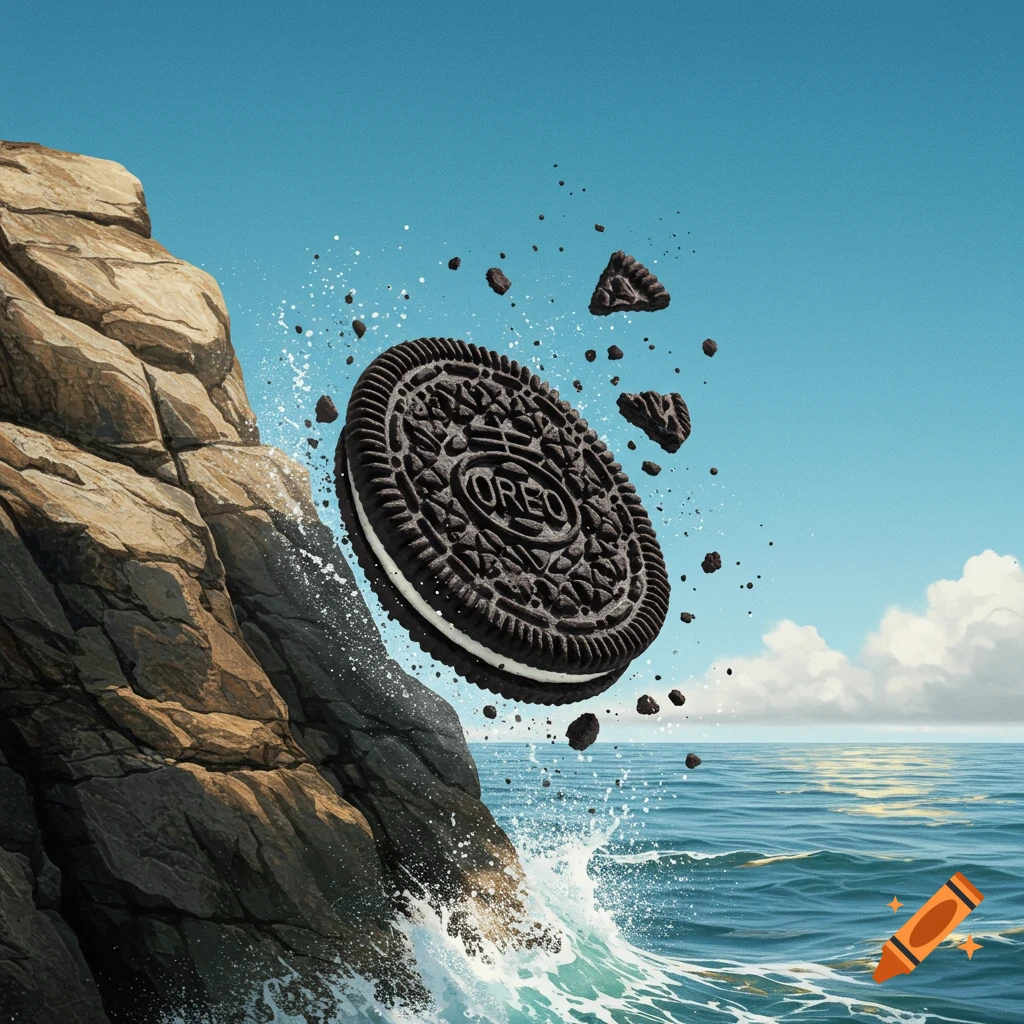 A large Oreo cookie tumbles from a rocky cliff into a splashing blue ocean under a clear sky.