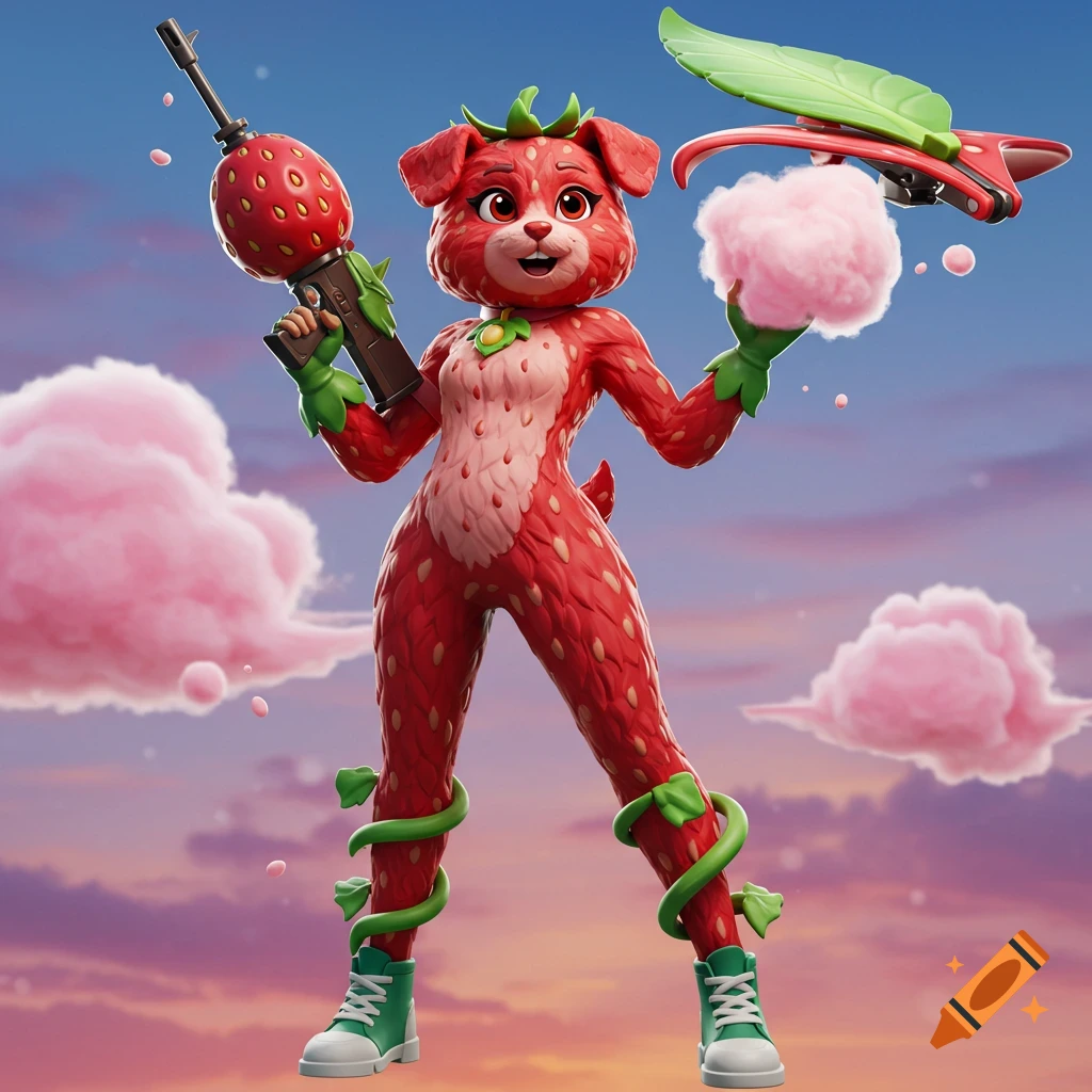 A red strawberry puppy Fortnite character stands with a strawberry gun and a pink fluffy item against a pink and blue sky.