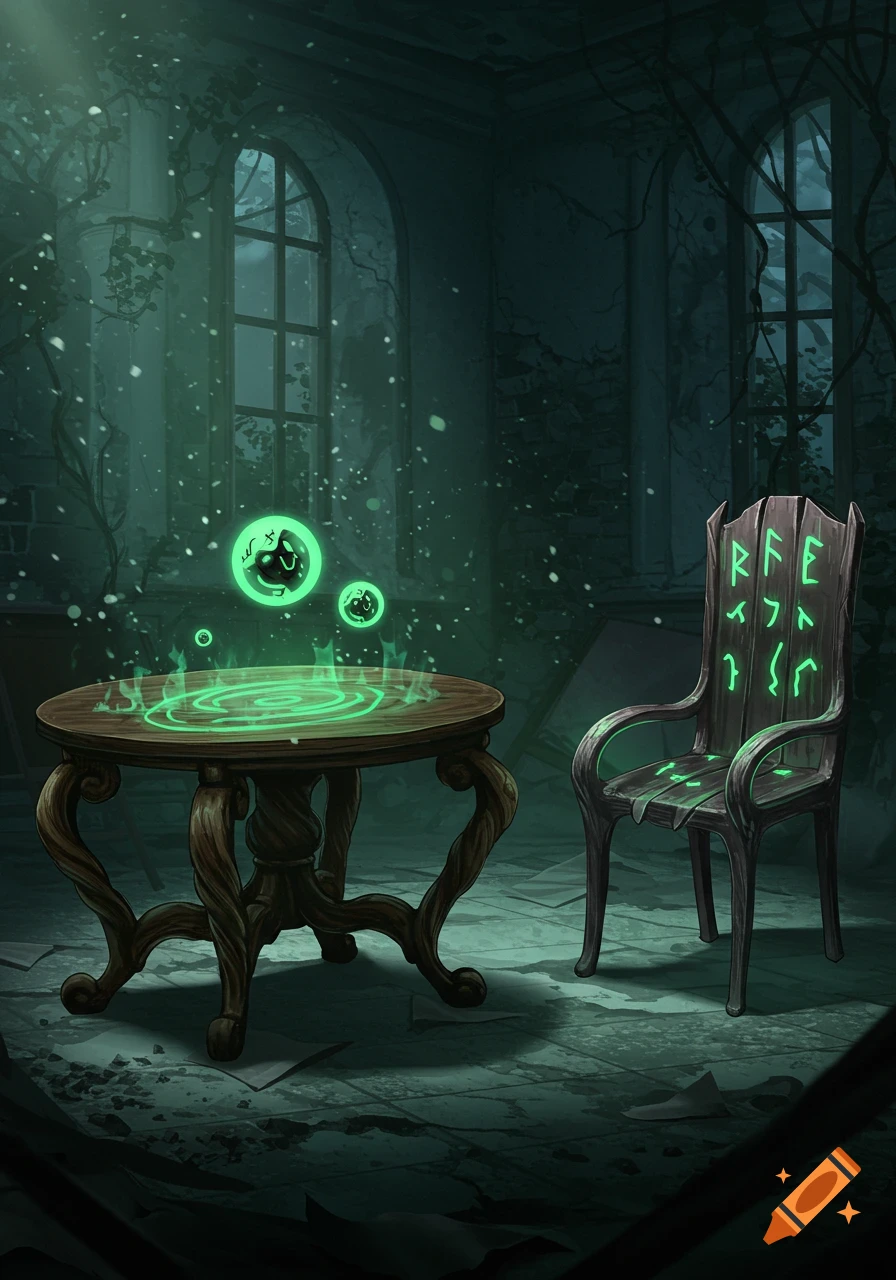 A dark fantasy room with a magical wooden table and an enchanted chair adorned with glowing green runes, with floating orbs above the table.