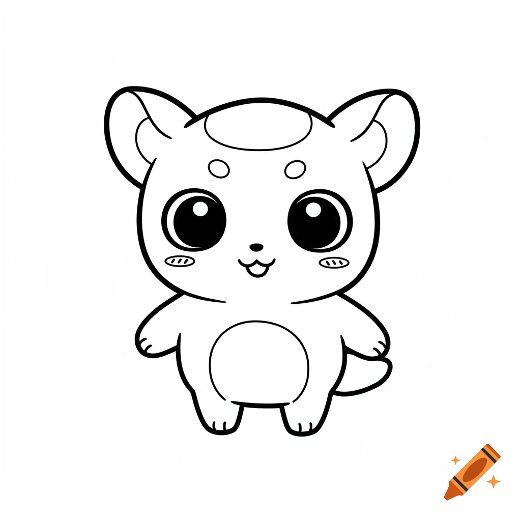 Black and white line art of a cute, big-eyed cartoon animal for a children's coloring book.