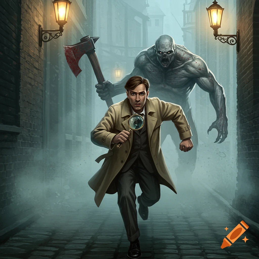 A detective with a magnifying glass runs in a foggy alley, pursued by a monstrous creature wielding a bloody axe.