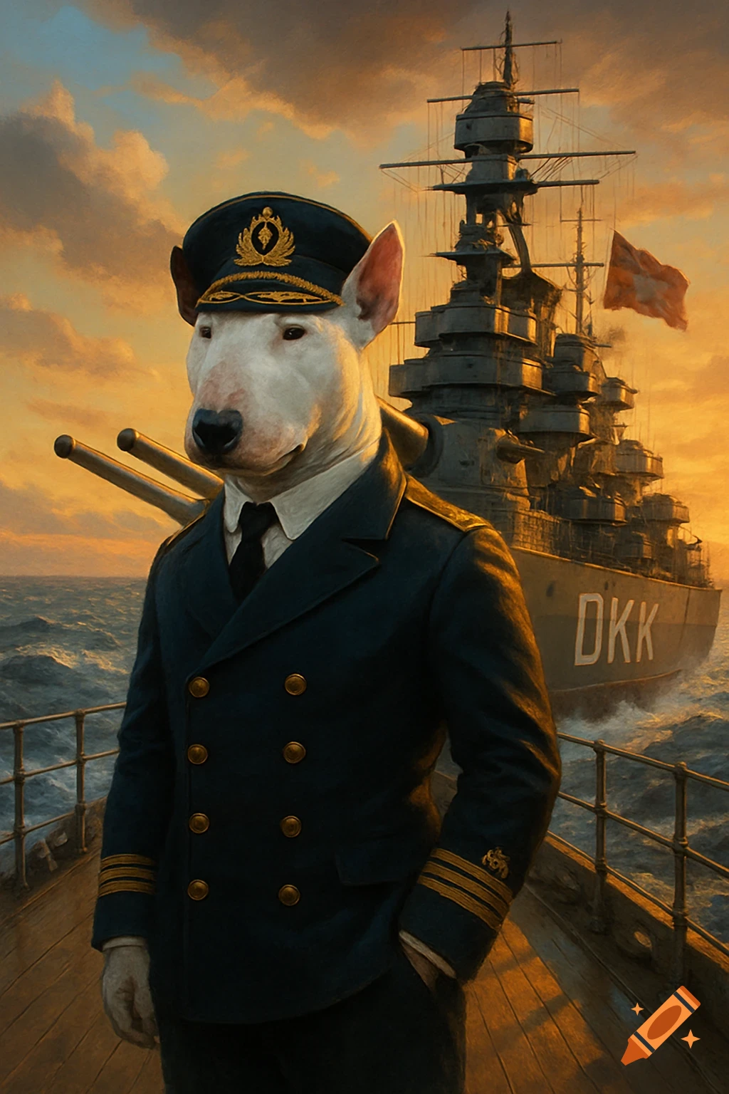 A serious Bull Terrier dog, dressed as a ship captain in a dark blue uniform, stands on a battleship deck at sunset.